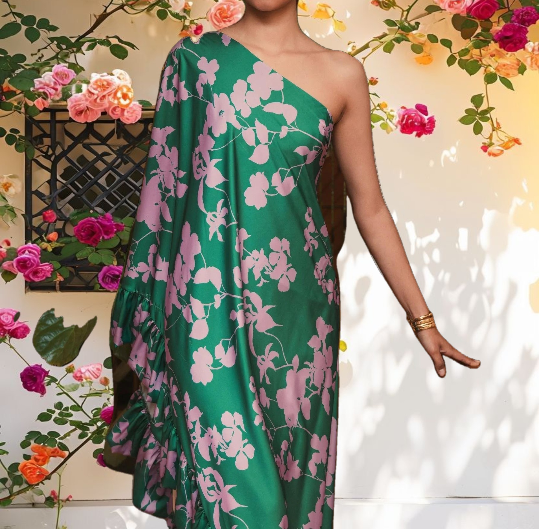 Printed Charmeuse One Shoulder Gown