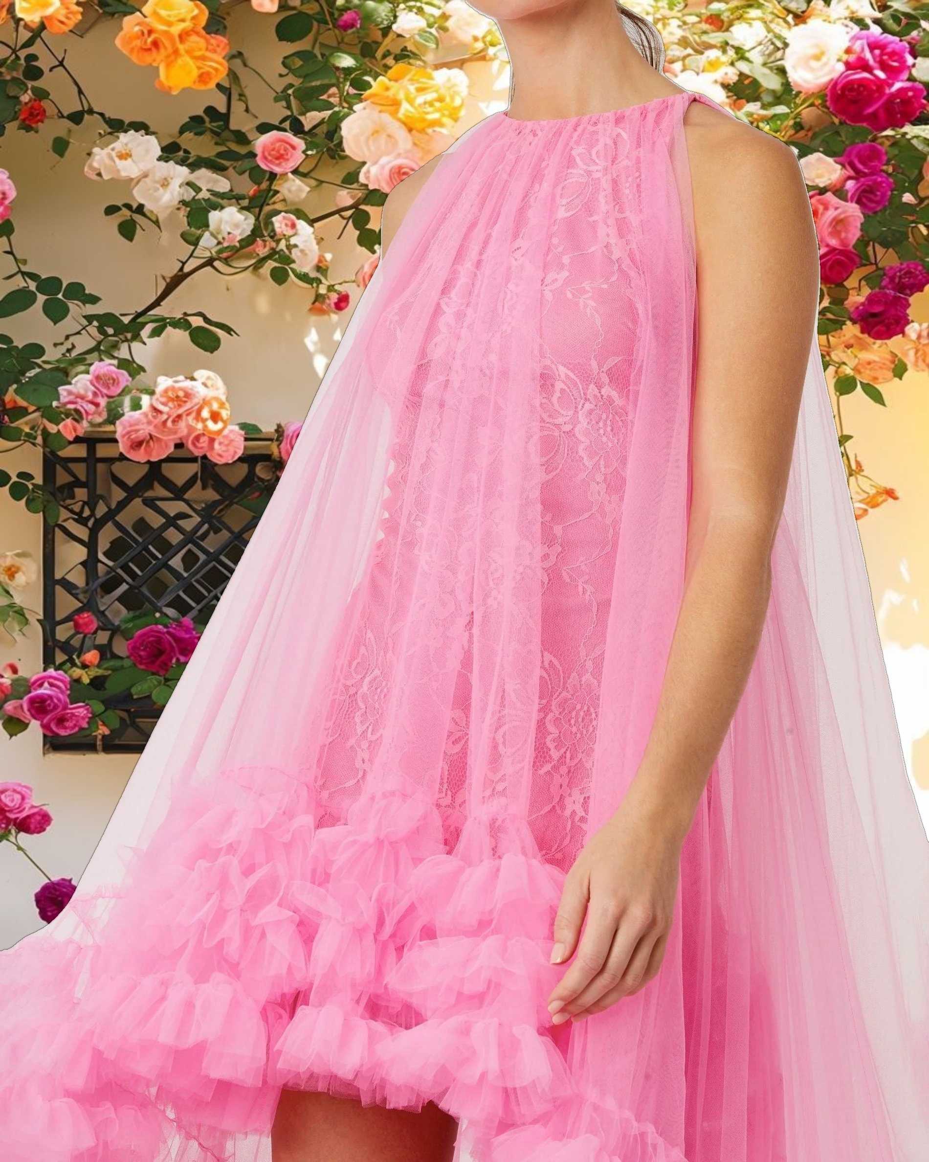 Pink Tulle High Neck Sleeveless Ruffled Hem Hi Low Gown