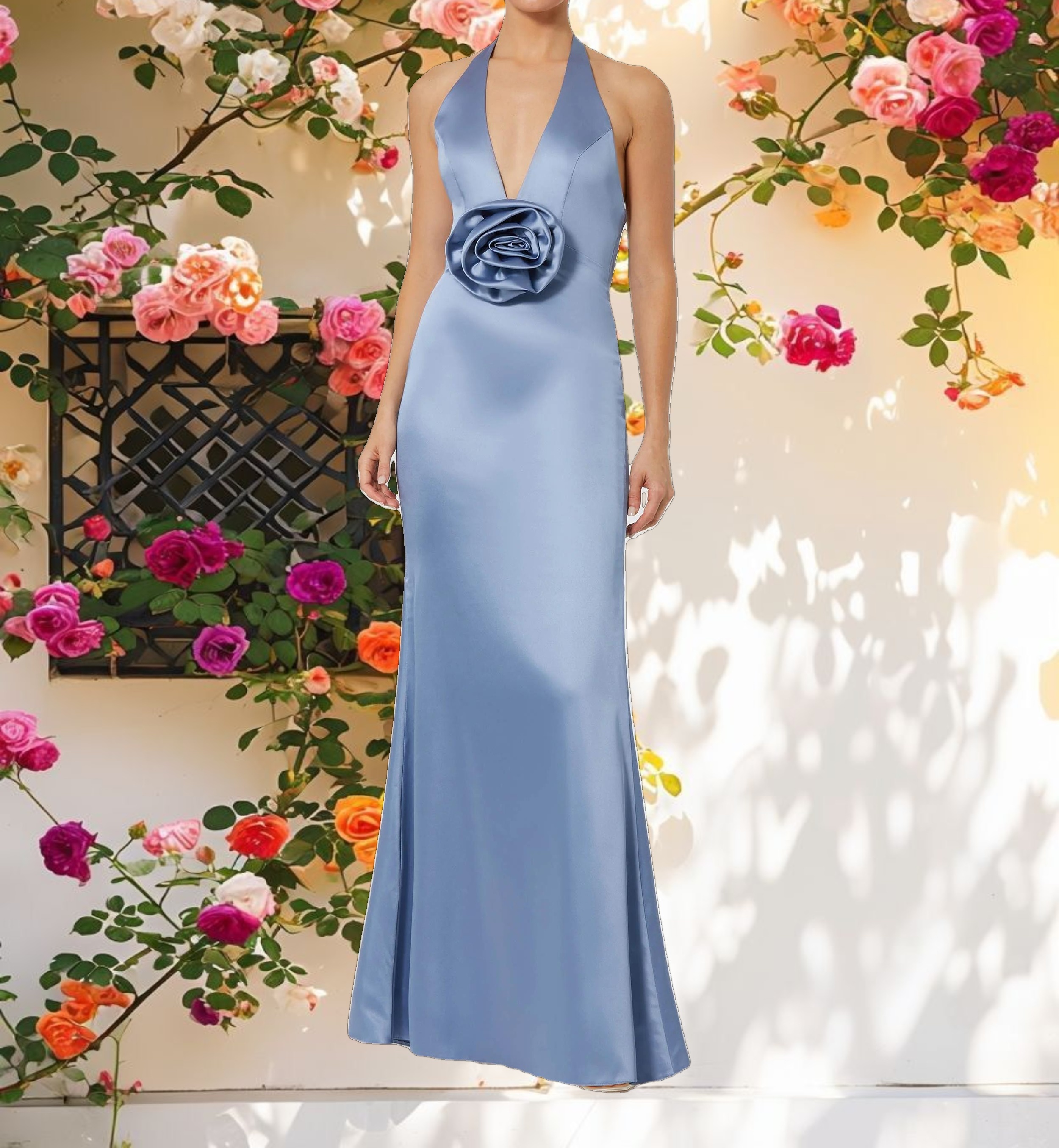Satin Halter Gown With Floral Detail
