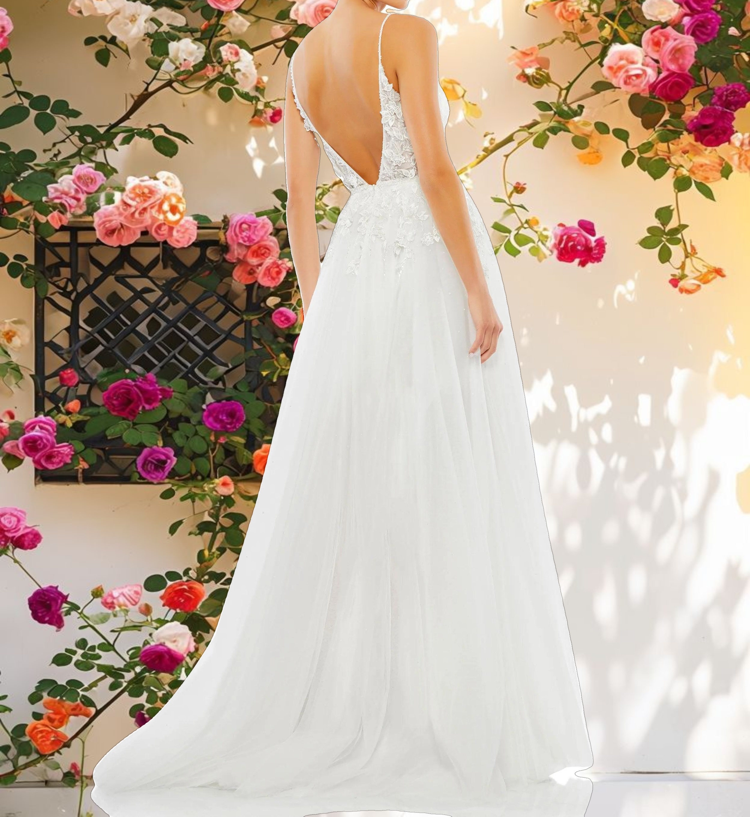 White Applique V Neck Sleeveless Open Back A Line Gown
