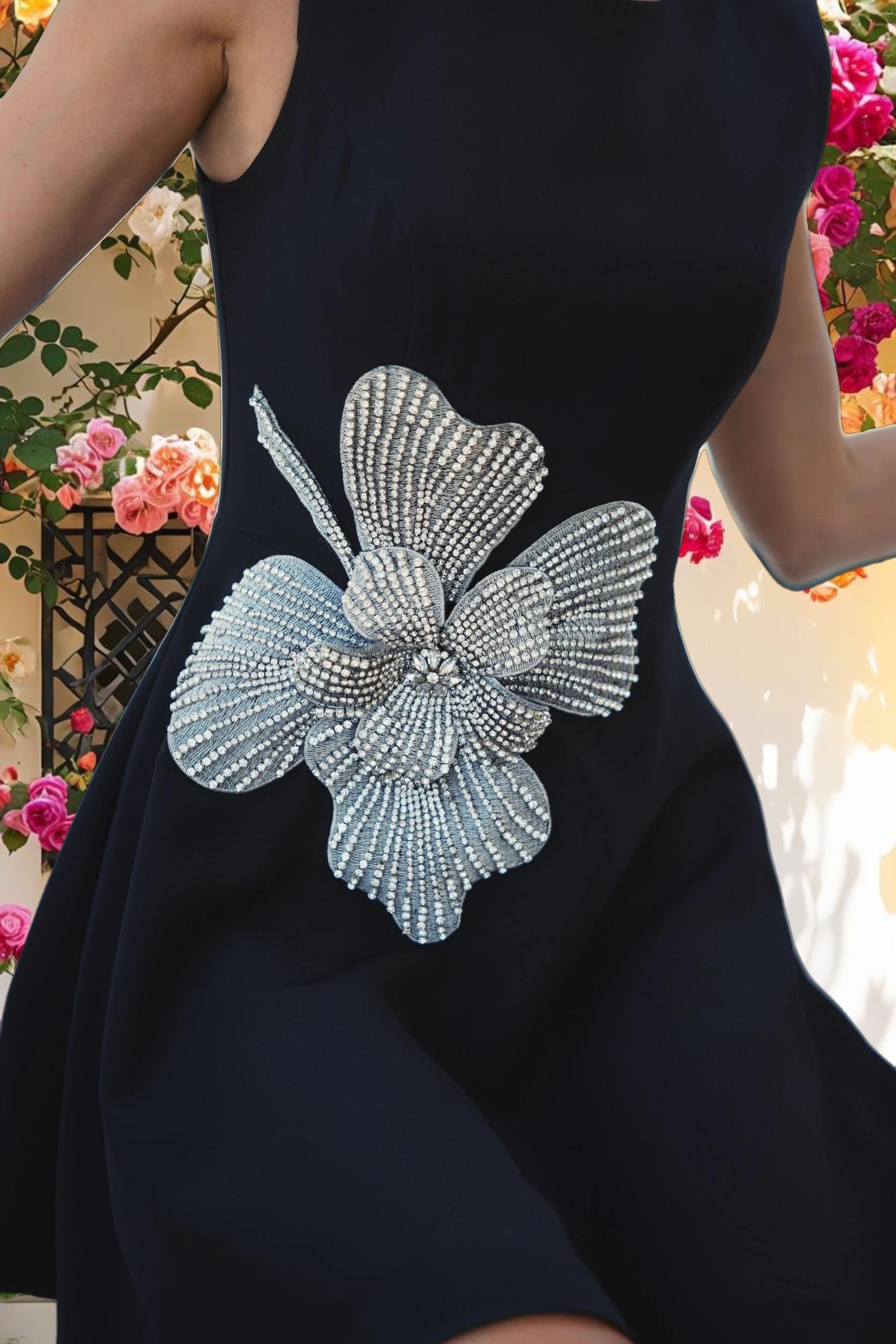 Black Crepe Sleeveless Mini Dress With Rhinestone Flower