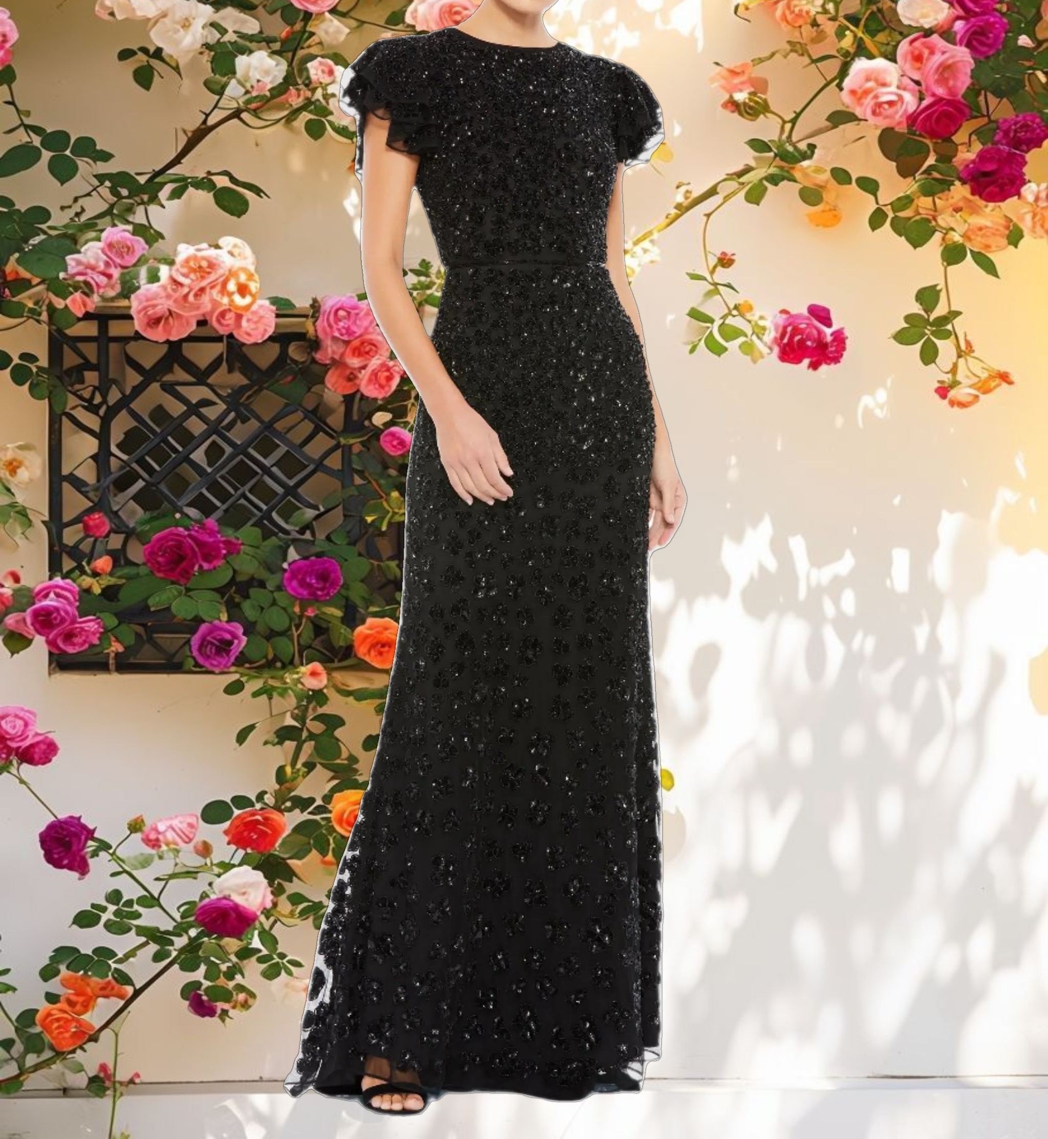 Black High Neck Flutter Cap Sleeve Gown