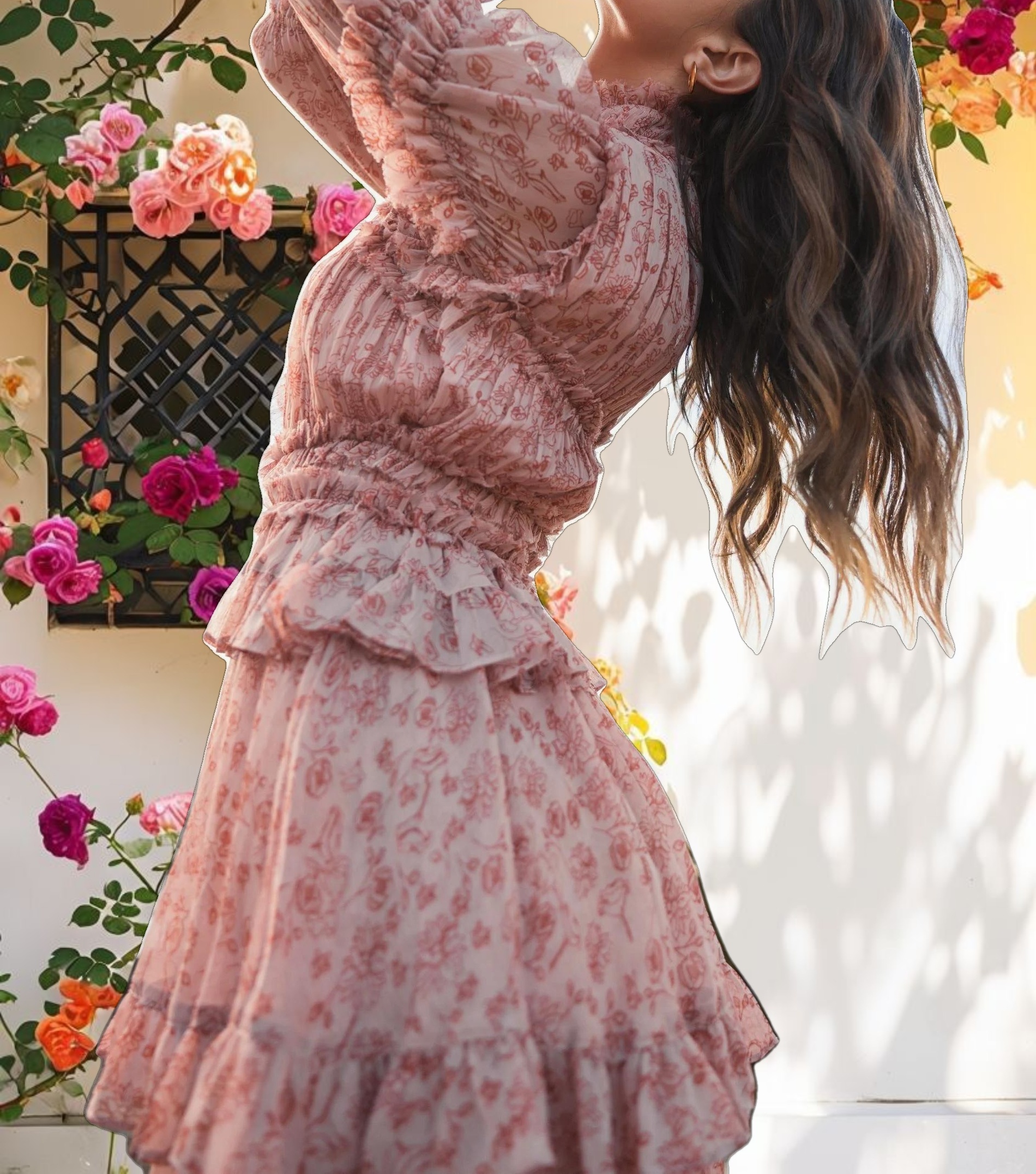 Pink Long Sleeve Open Front High Neck Ruffle Mini Dress