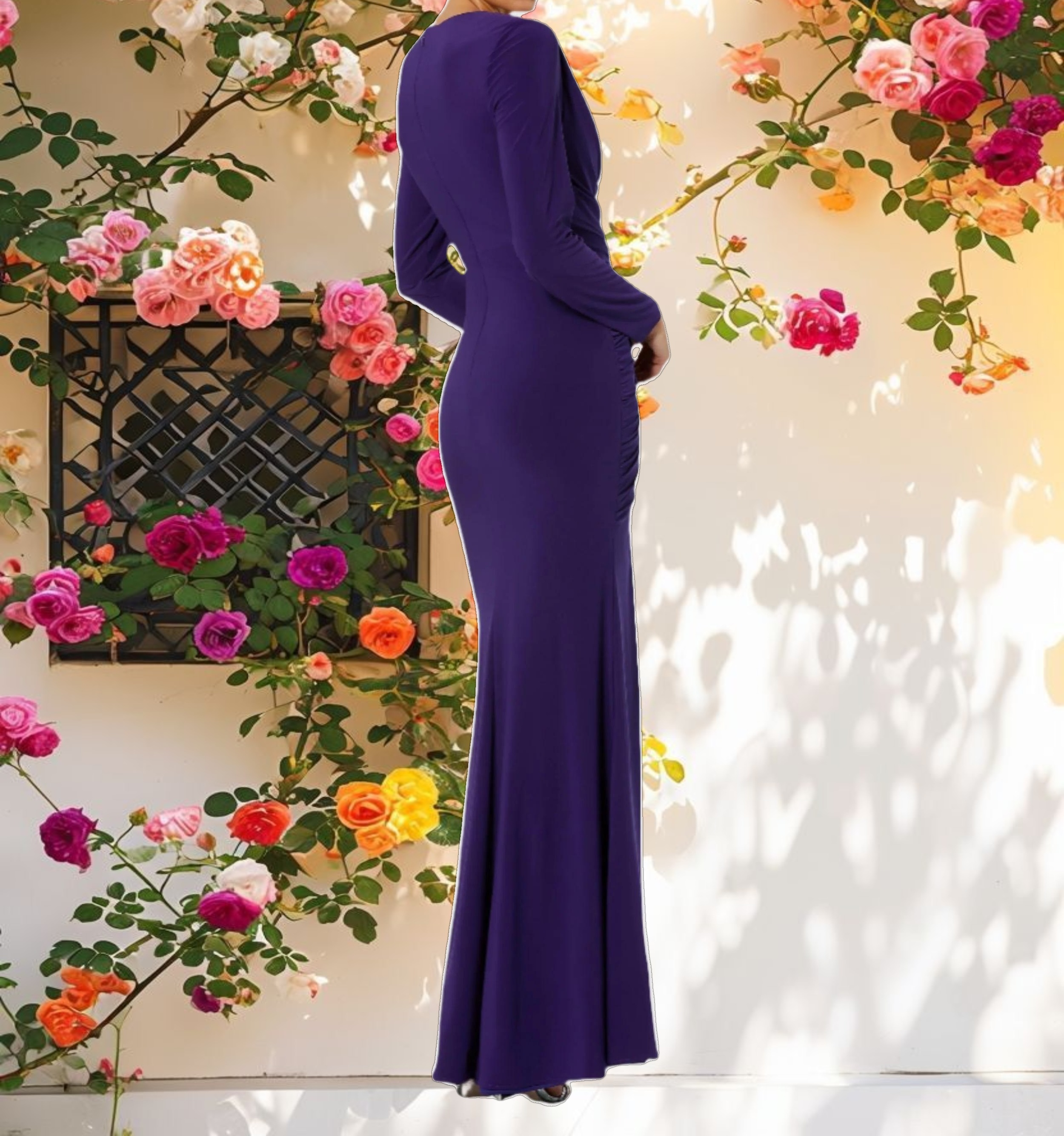 Purple Long Sleeve Cowl Neck Jersey Gown With Slit