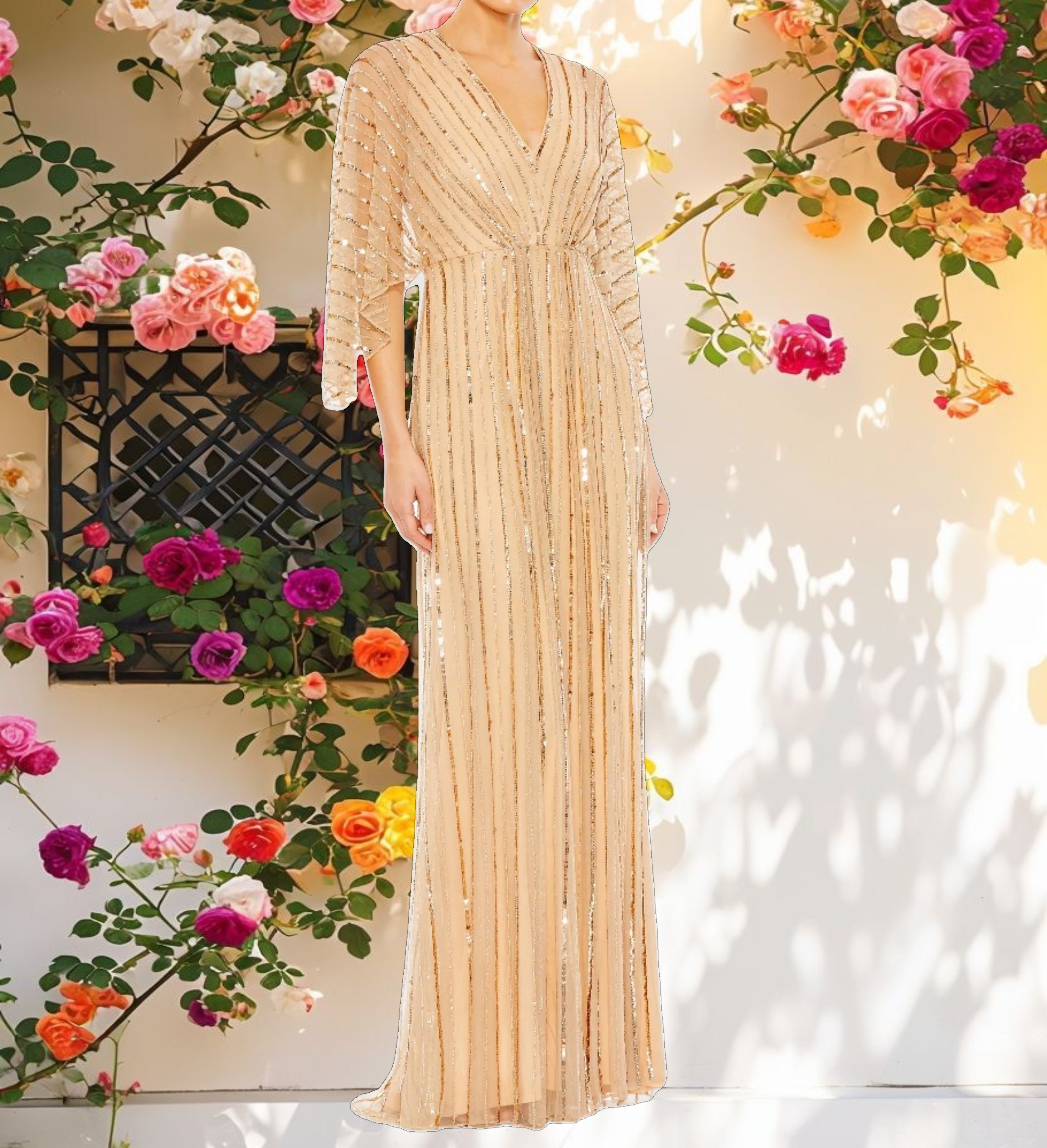 Beaded Striping Kimono Sleeve V Neck Gown