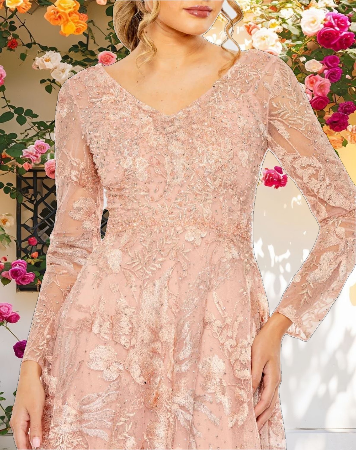 Floral Decorated Long Sleeve V Neck A Line Dress