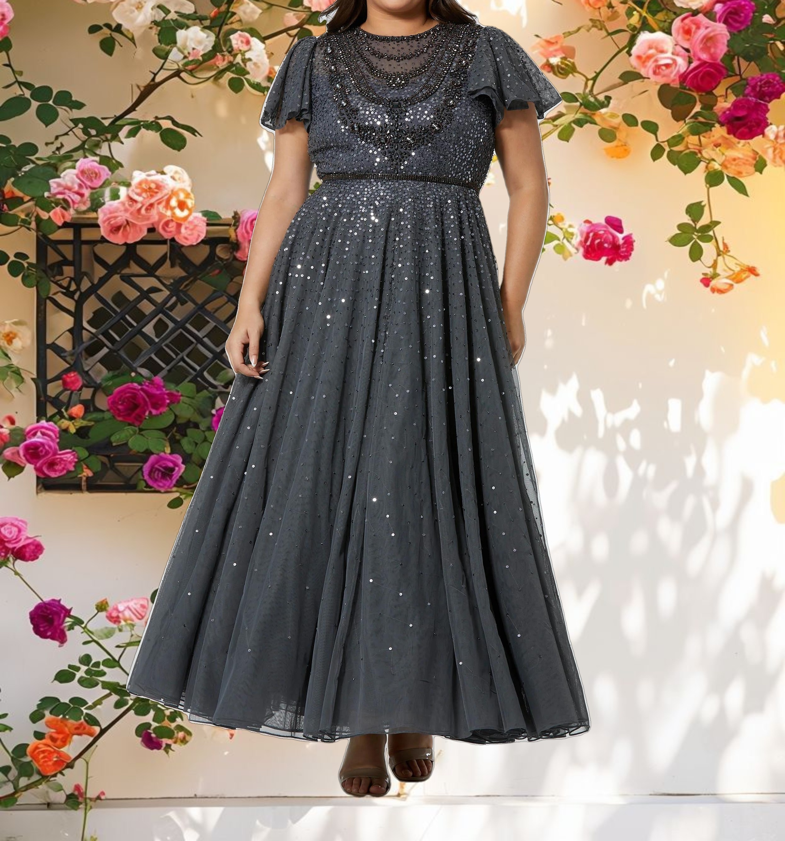 Sheer Flutter Sleeve Beaded Fluffy Net Gown