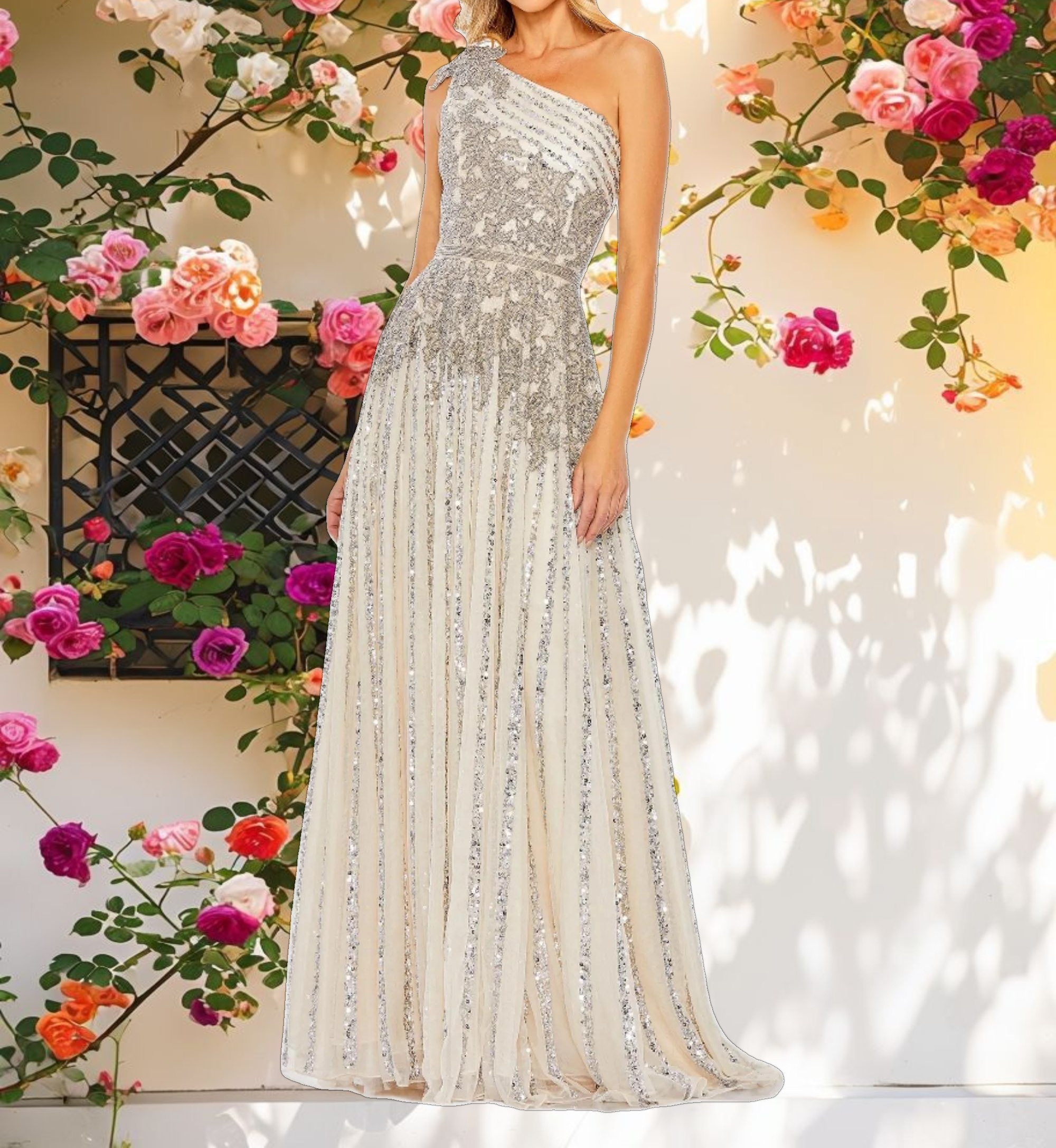 Beaded Embellished One Shoulder A Line Gown
