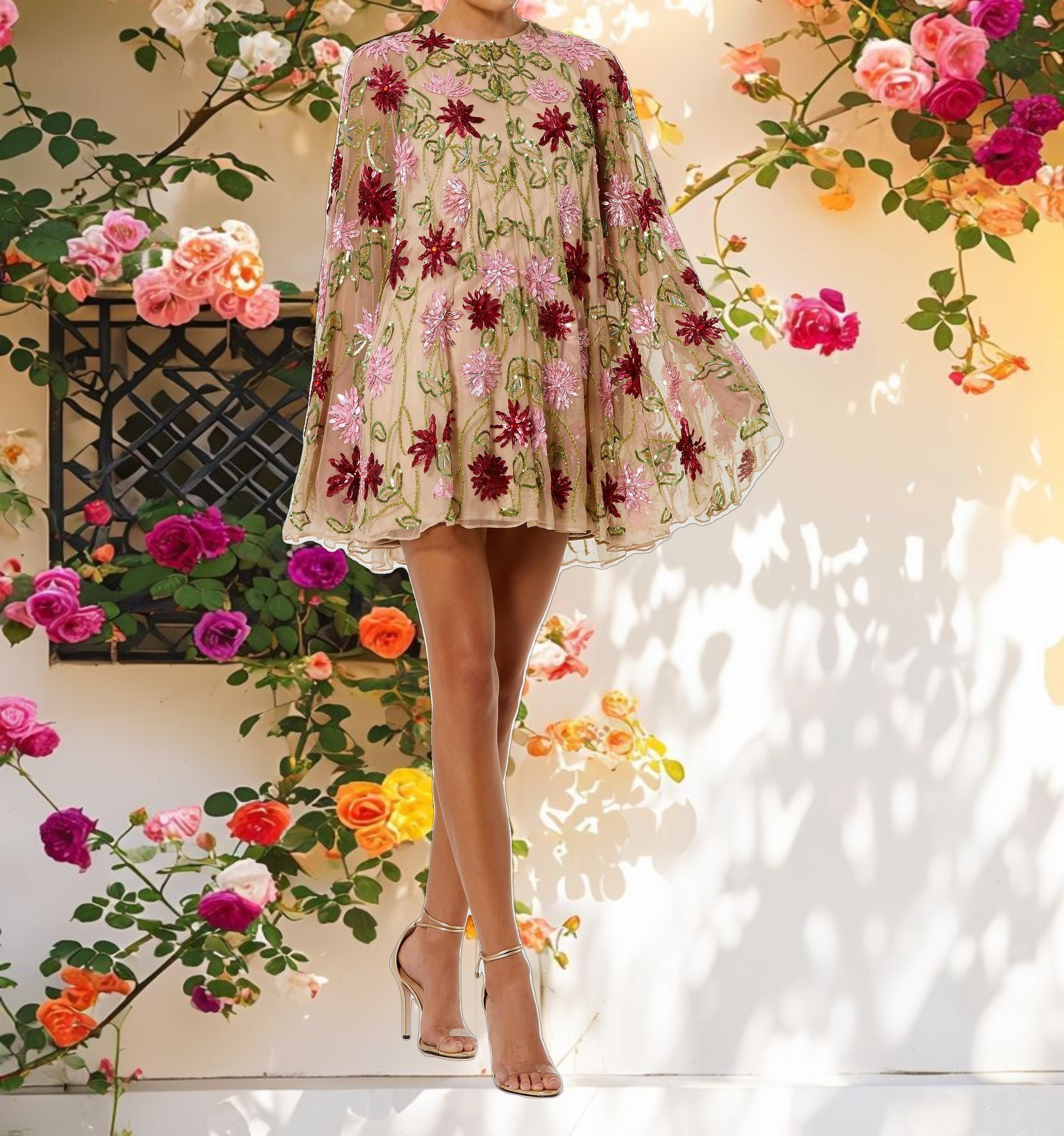 Beige Floral Beaded Mesh Shawl Mini Dress