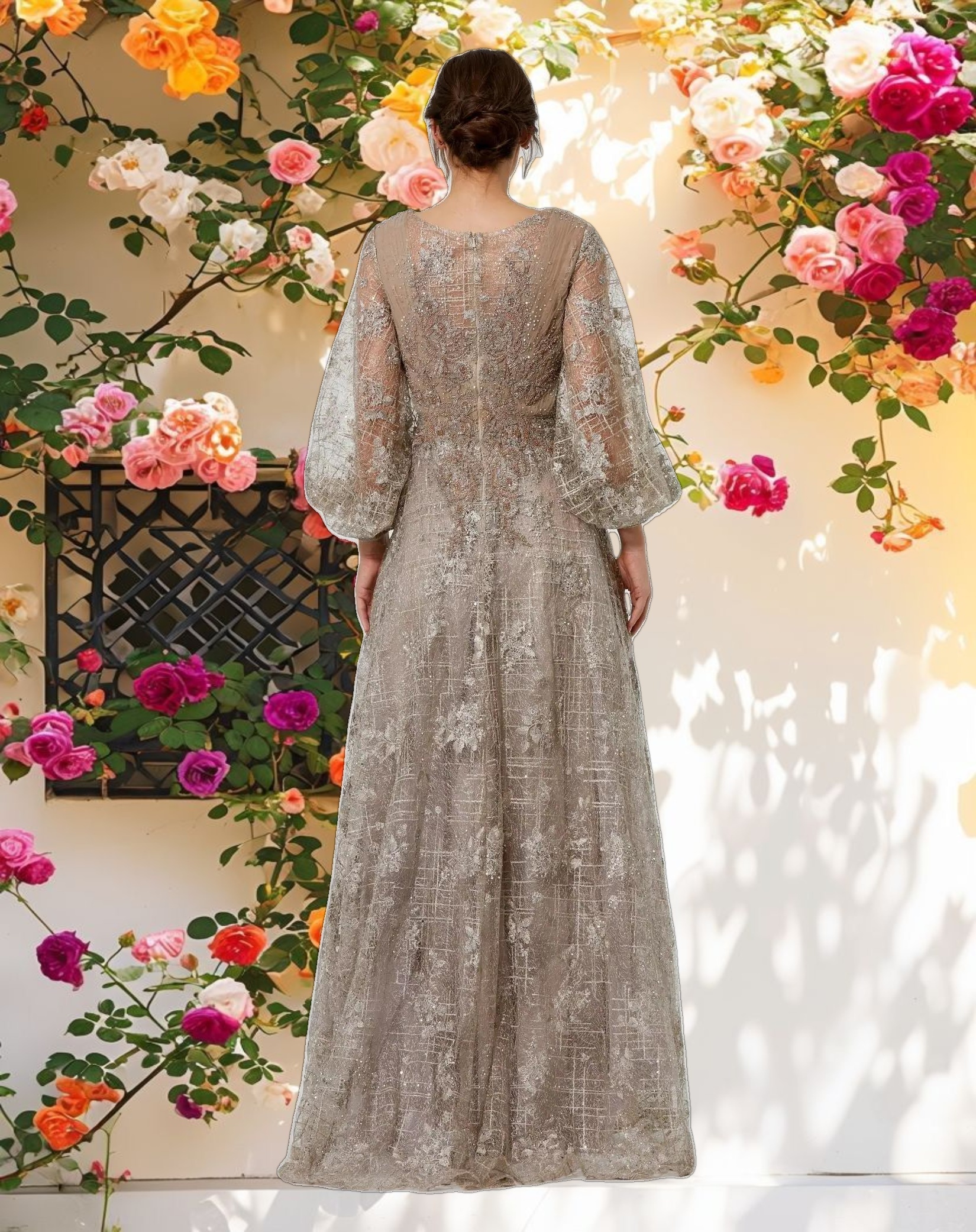 Beige Embellished Plunge Neck Puff Sleeve A Line Gown