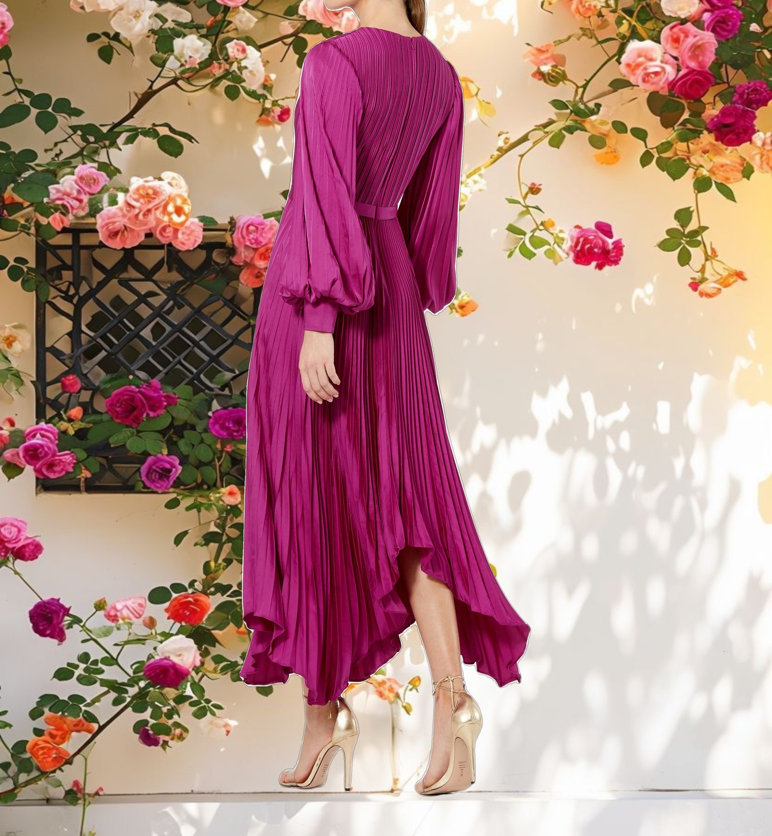 Purple Long Sleeve Pleated Handkerchief Dress