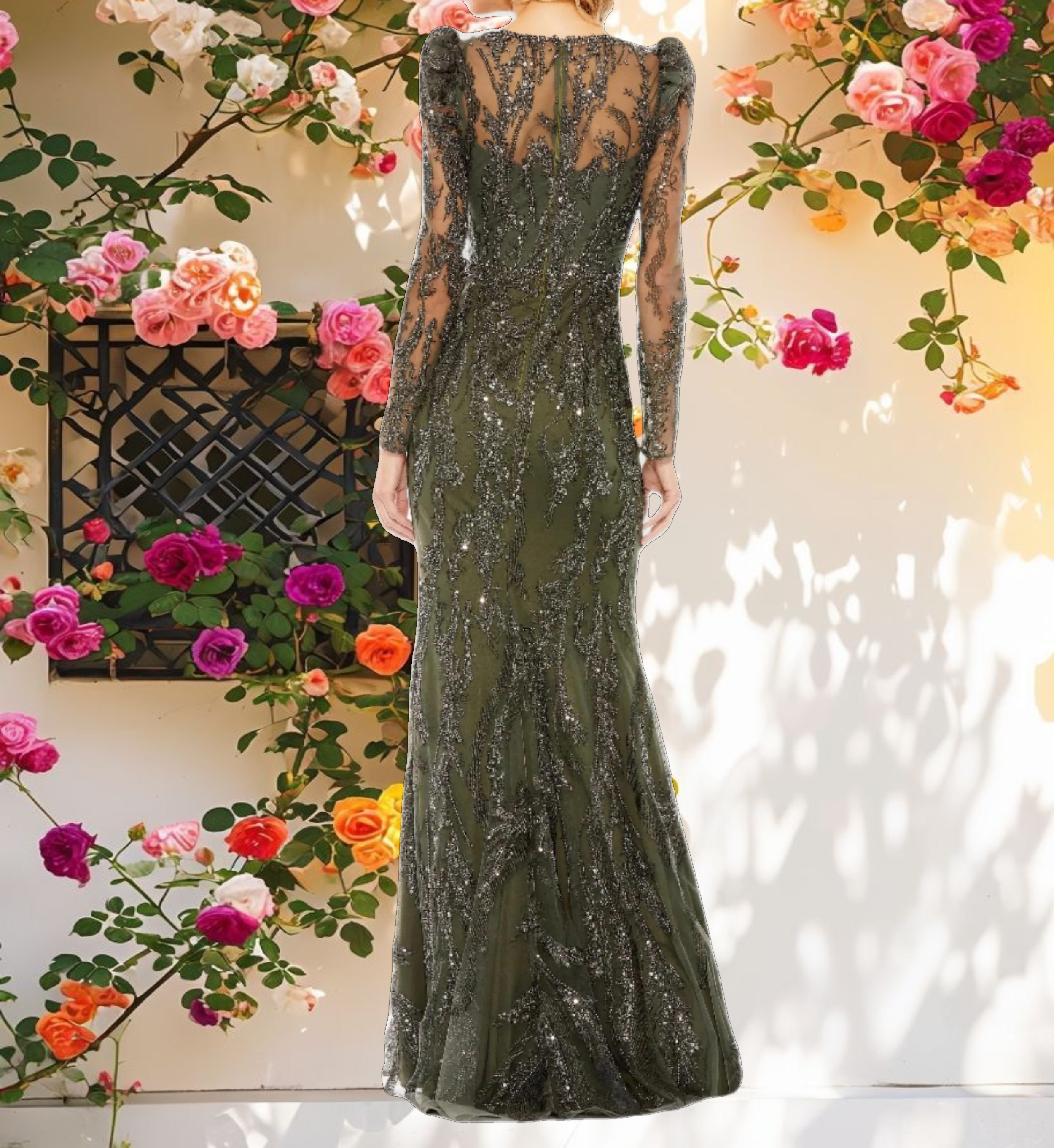 Green Embellished Puff Sleeve V Neck Gown