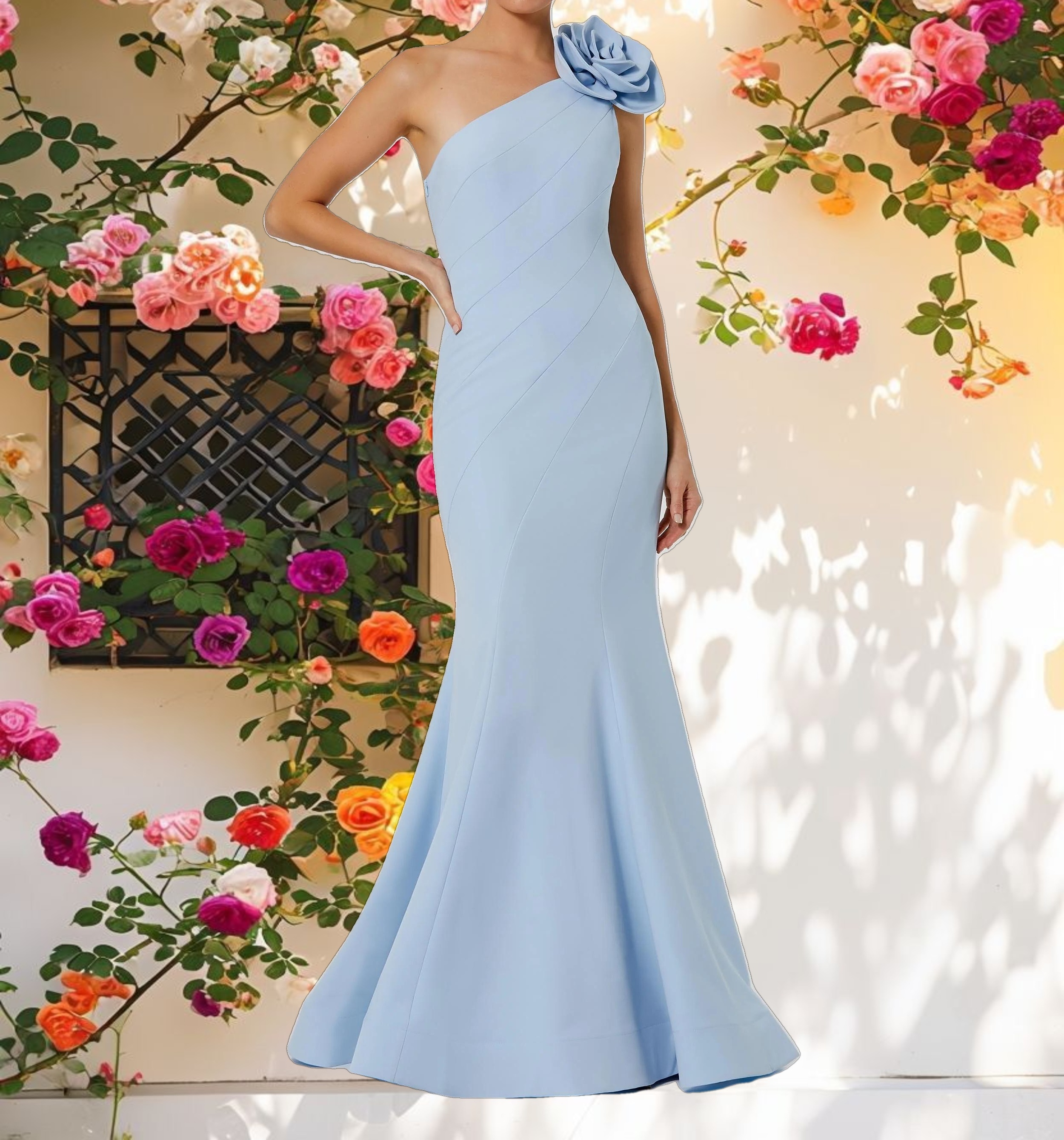 Blue Crepe One Shoulder Mermaid Gown With 3D Flower