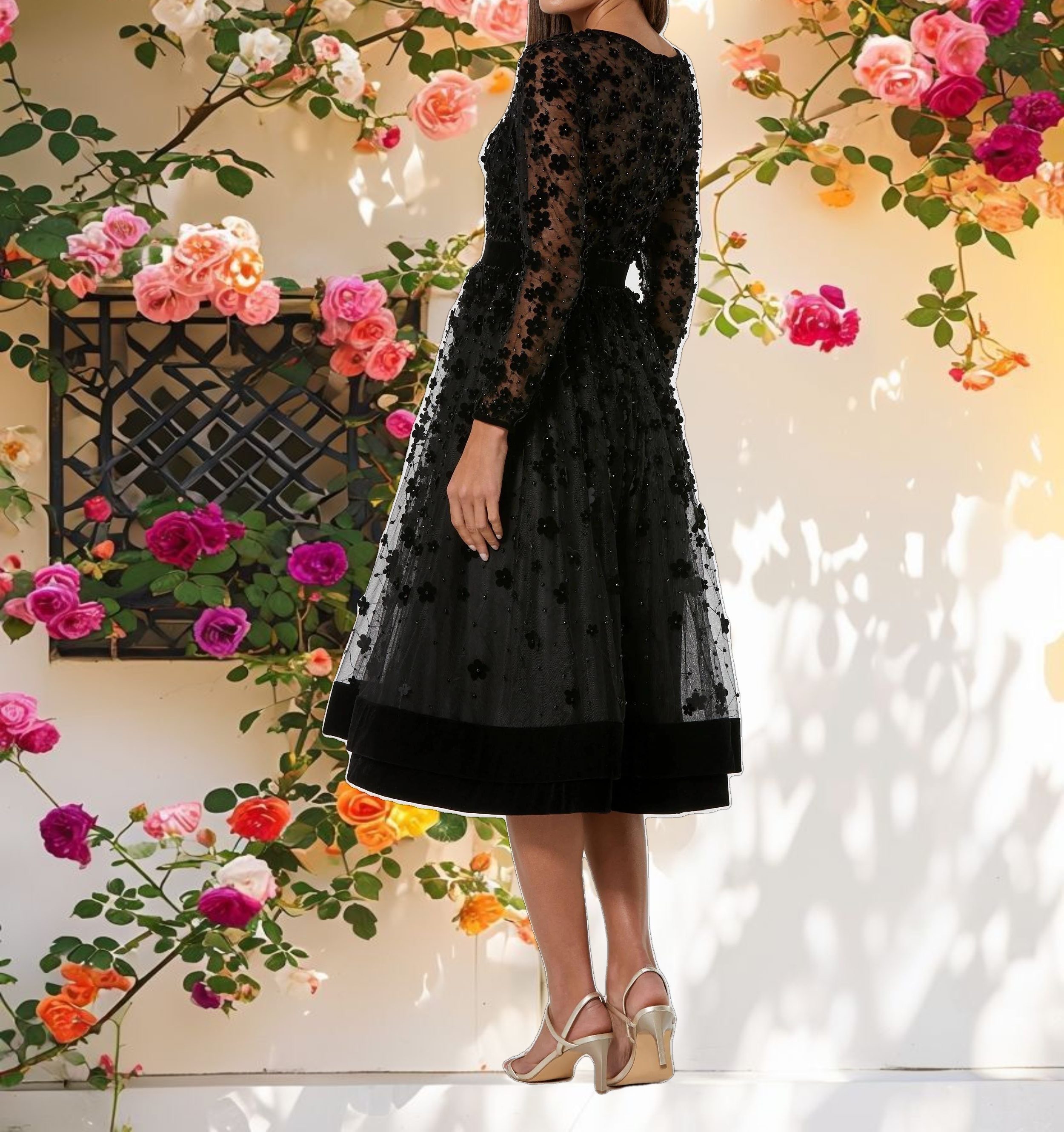 Black Embellished Illusion High Neck Long Sleeve Fit & Flare Dress
