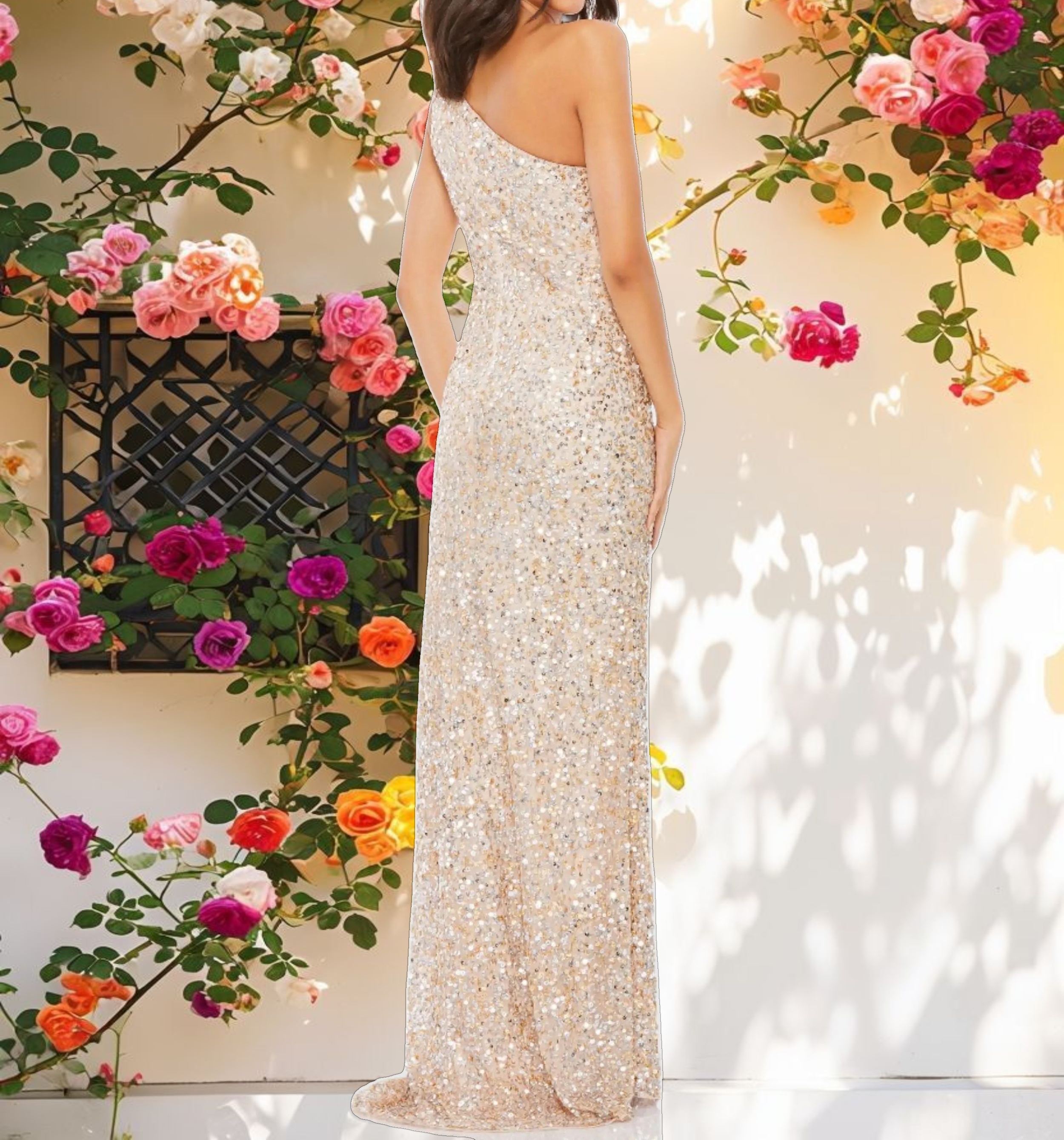 Cream Sequin Off-Shoulder Dress With Split