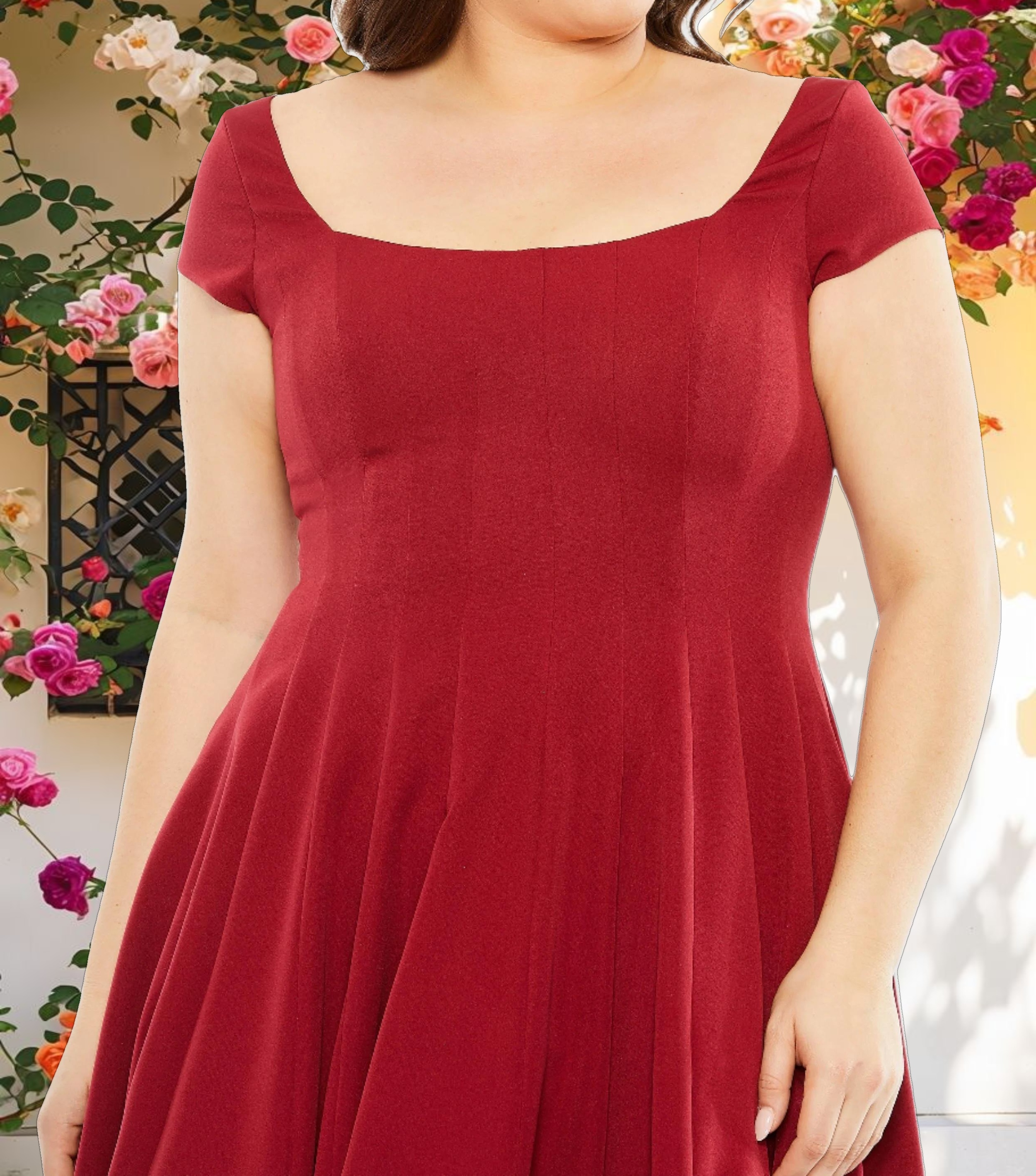 Red Cap Sleeve Square Neck Ball Gown