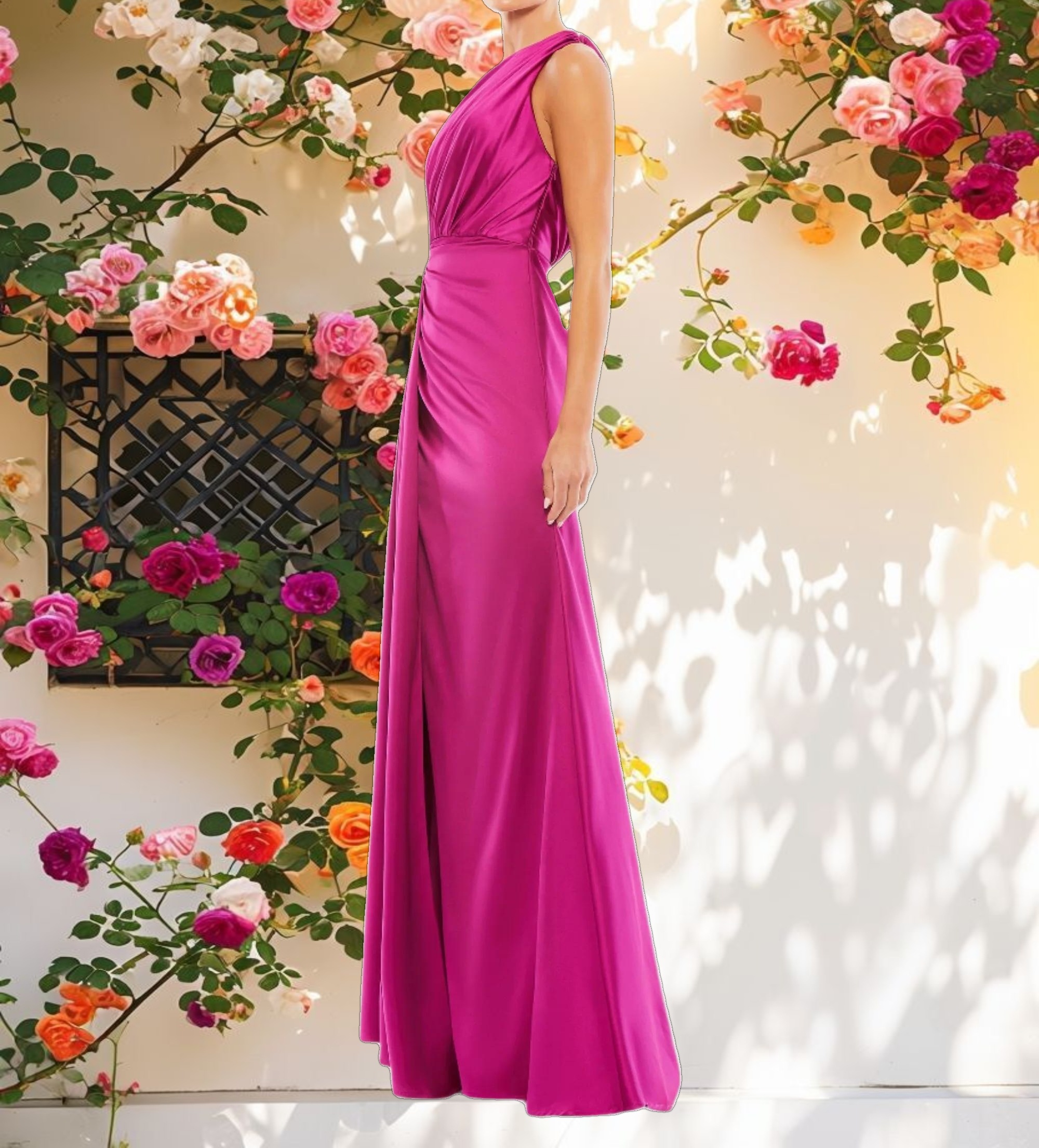 Purple Gathered One Shoulder Satin Faux Wrap Gown
