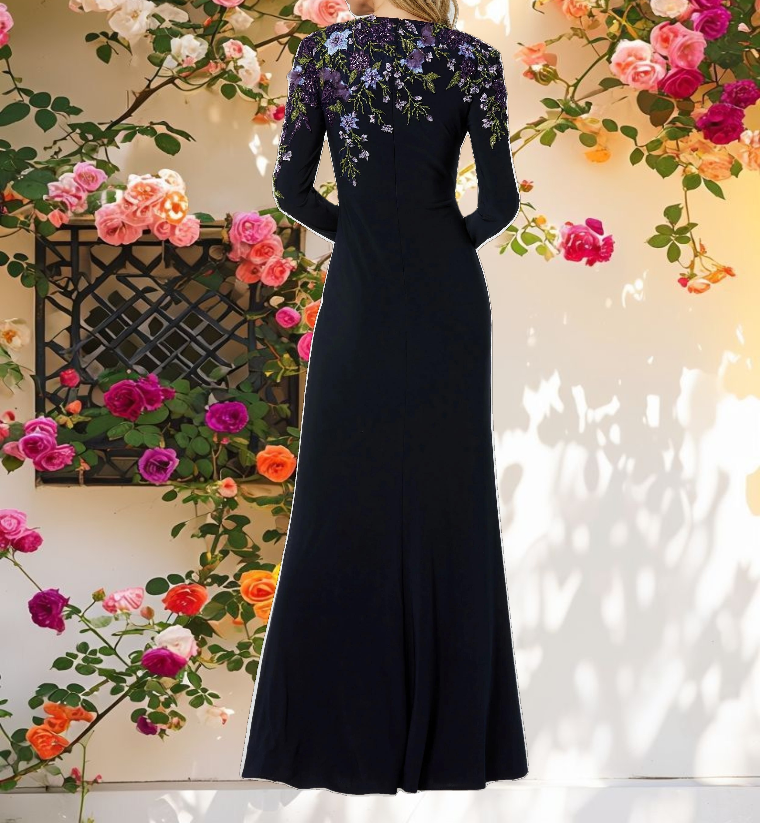 Navy Embellished Long Sleeve Fitted Jersey Gown