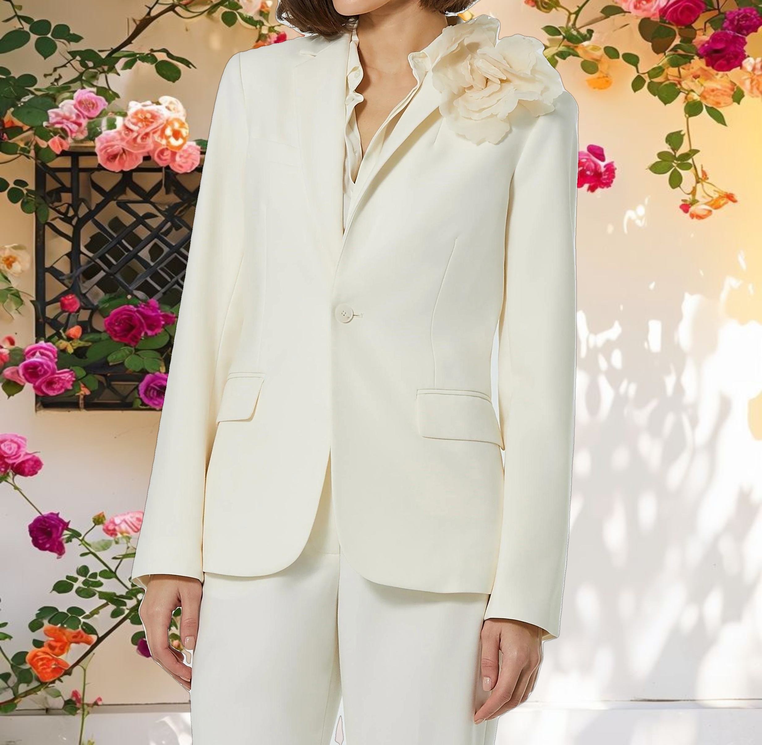 Classic Crepe Blazer Jacket With Flower