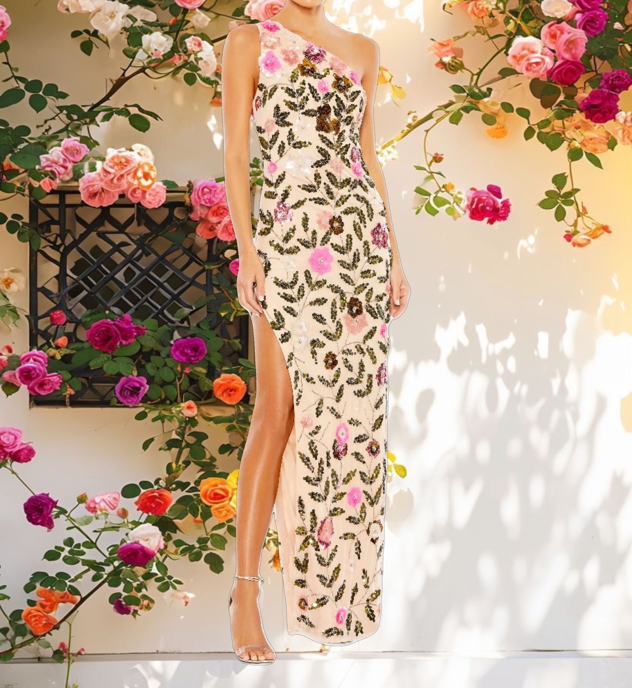 Floral Sequined One Shoulder Column Gown