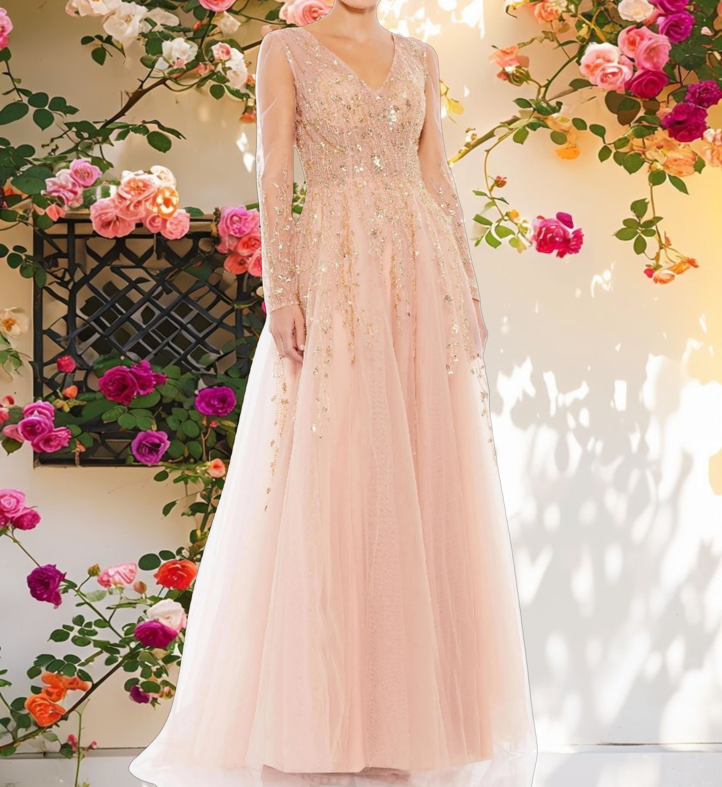Pink Embellished V Neck Long Sleeve A Line Gown