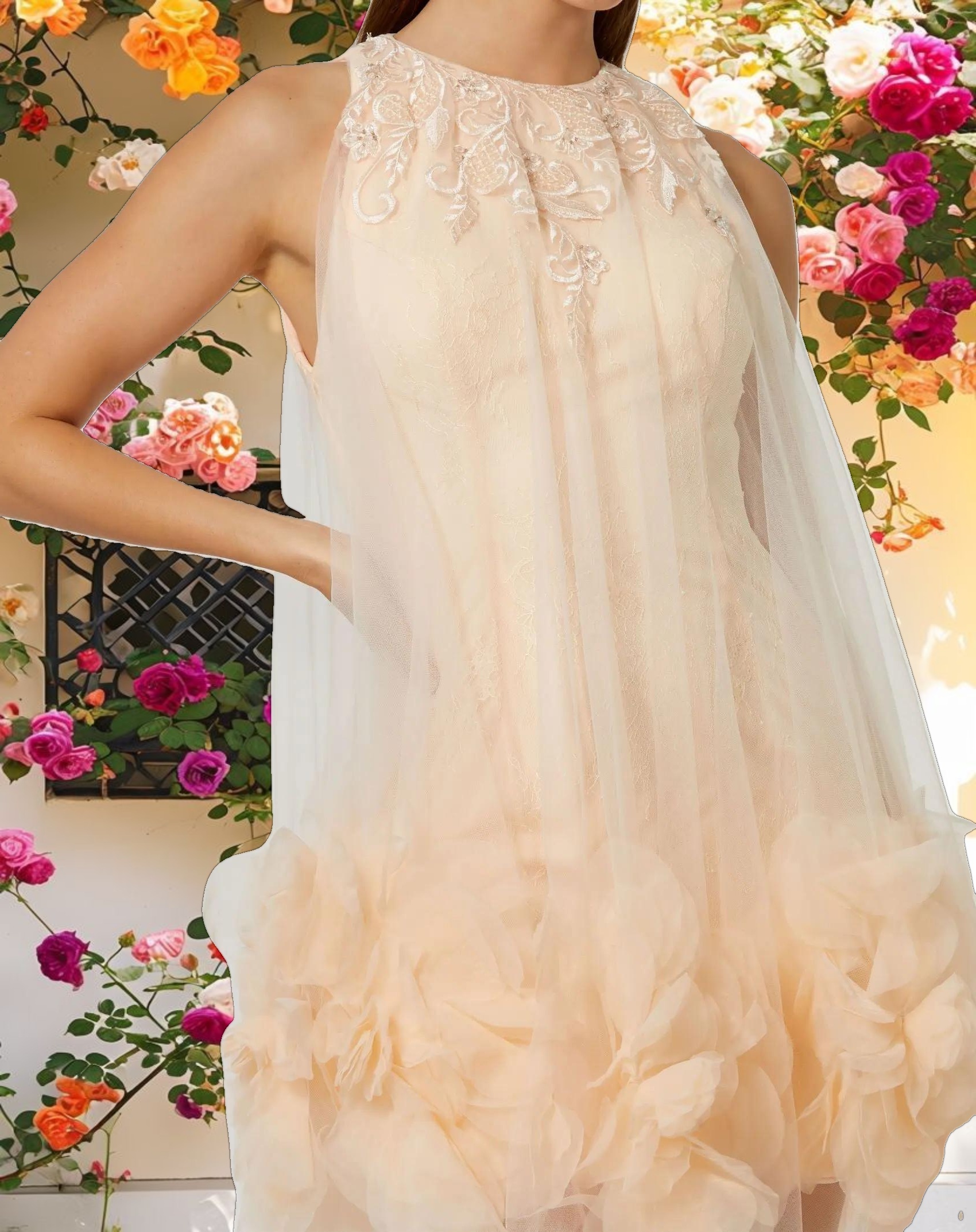 Pink Halter Neck Flowy Petal A Line Mini Dress