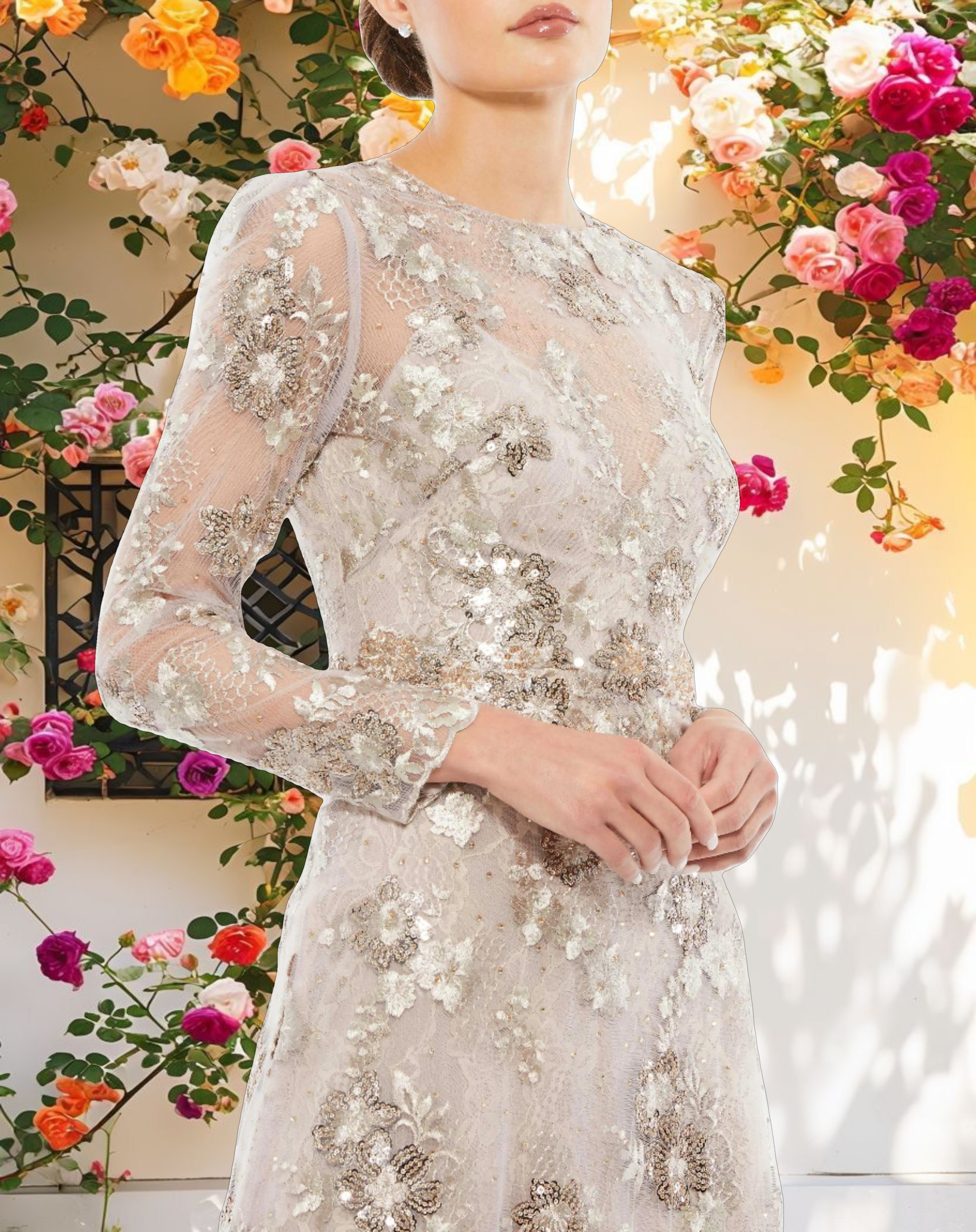 Beige Floral Embroidered Illusion Long Sleeve Evening Gown