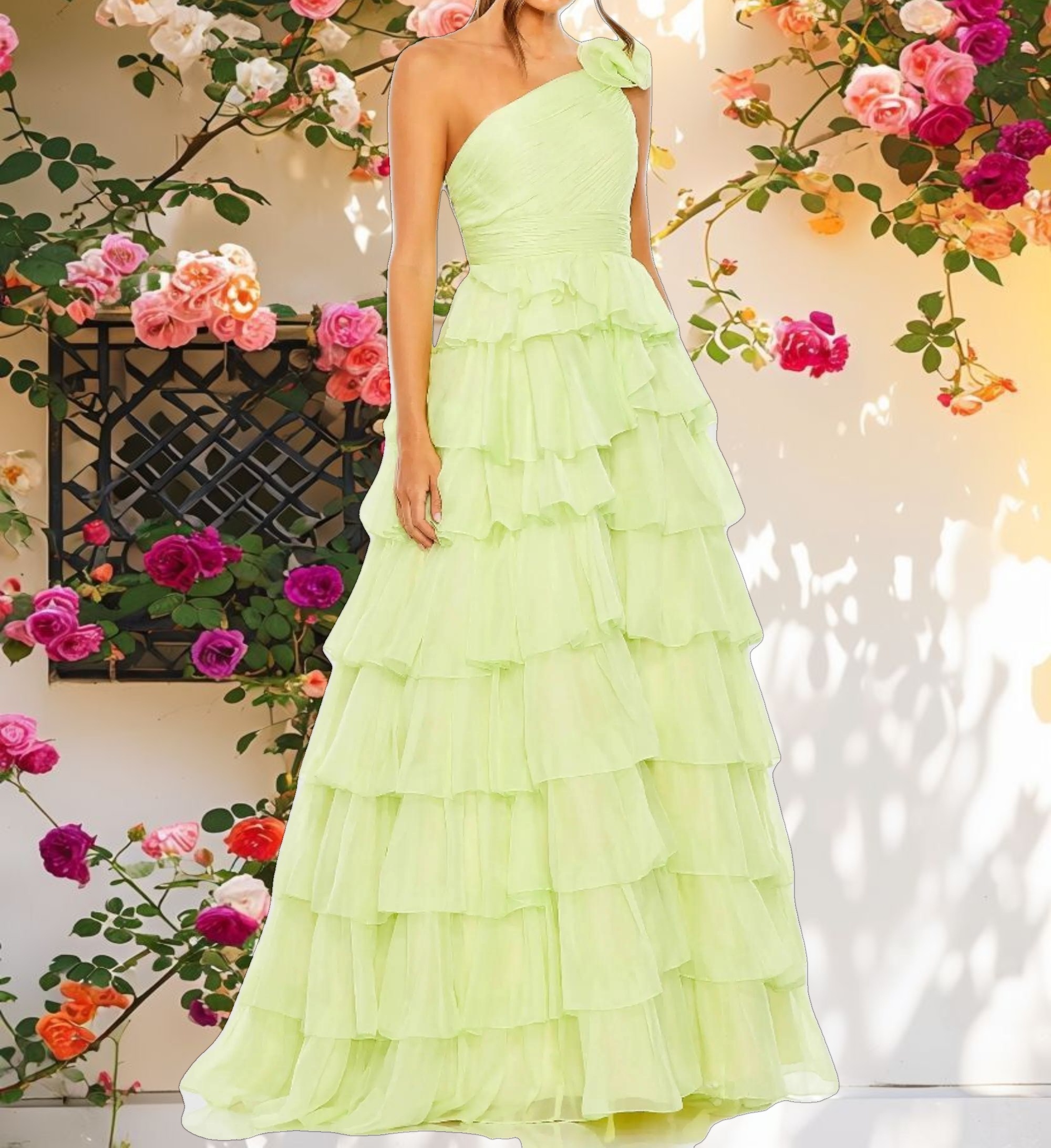 Green One Shoulder Ruffle Tiered Ballgown