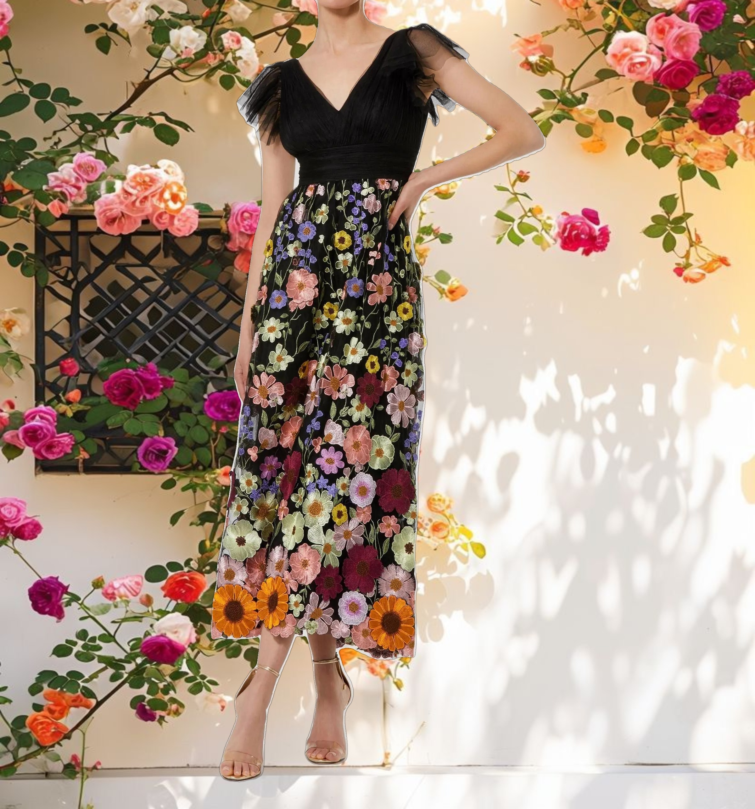 Multicolor Embroidered Flutter Sleeve Dress