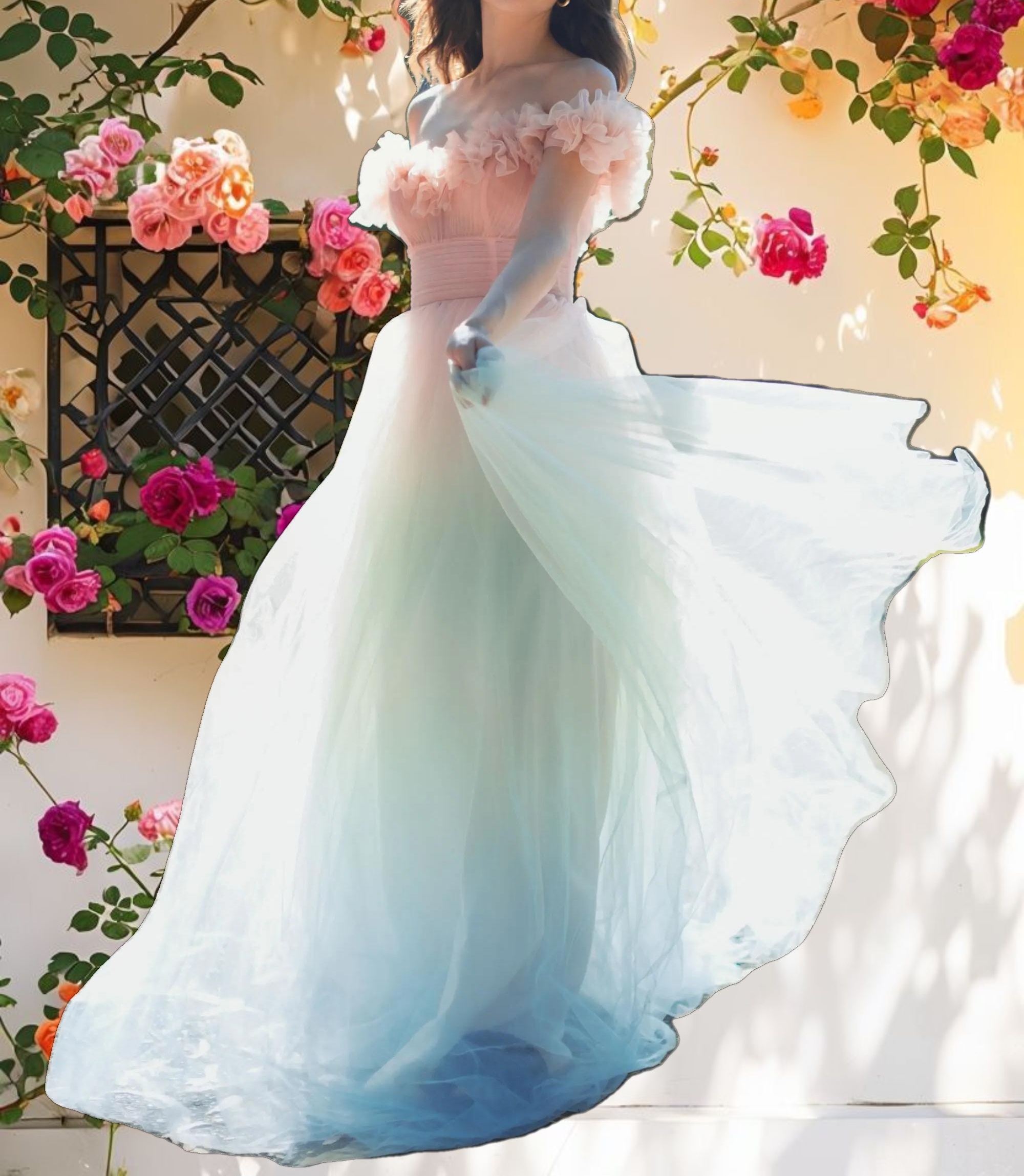 Multi-color Off The Shoulder Ombre Tulle Dress