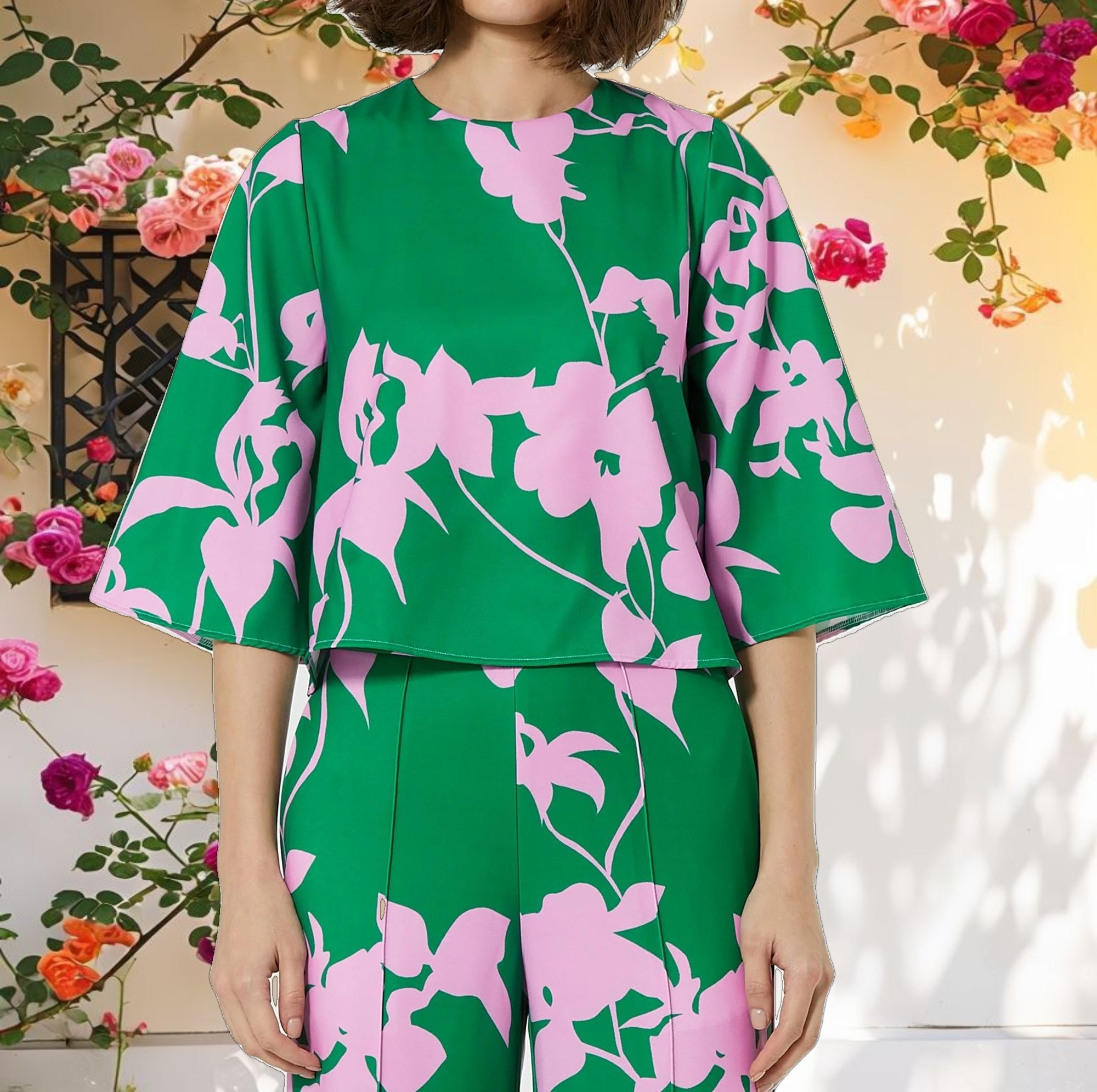 Printed Crepe 3/4 Bell Sleeve High Neck Top - FINAL SALE