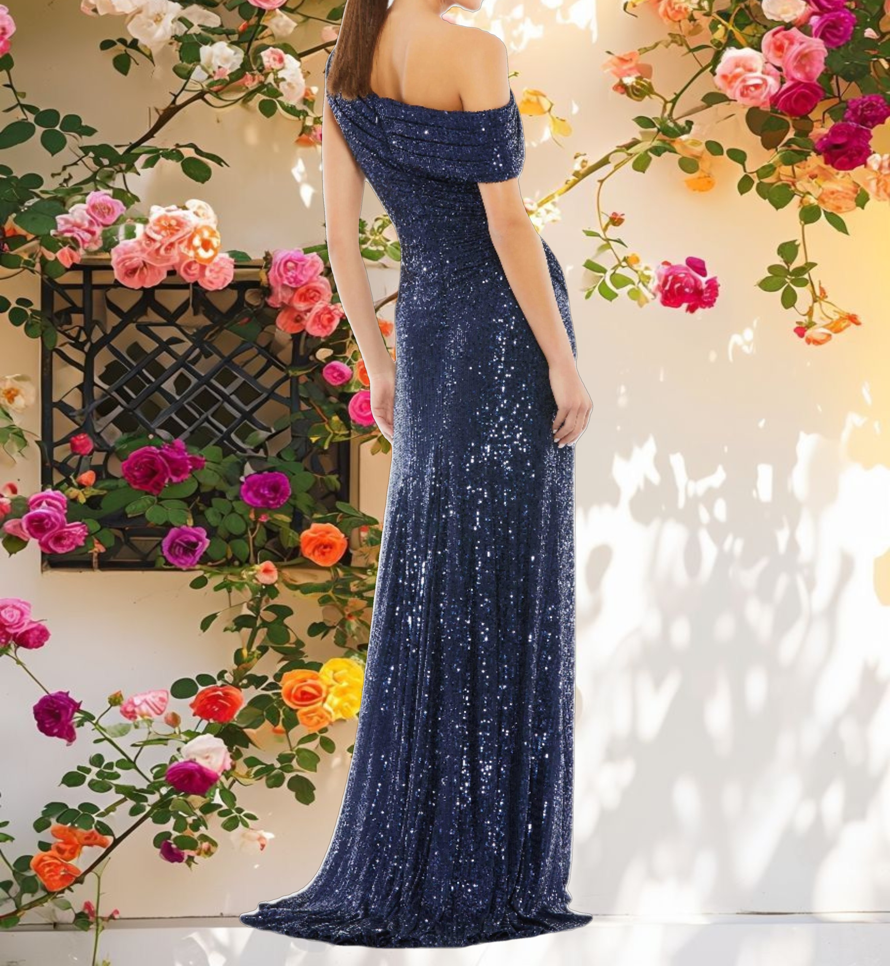 Navy Sequined Drop Shoulder Gown