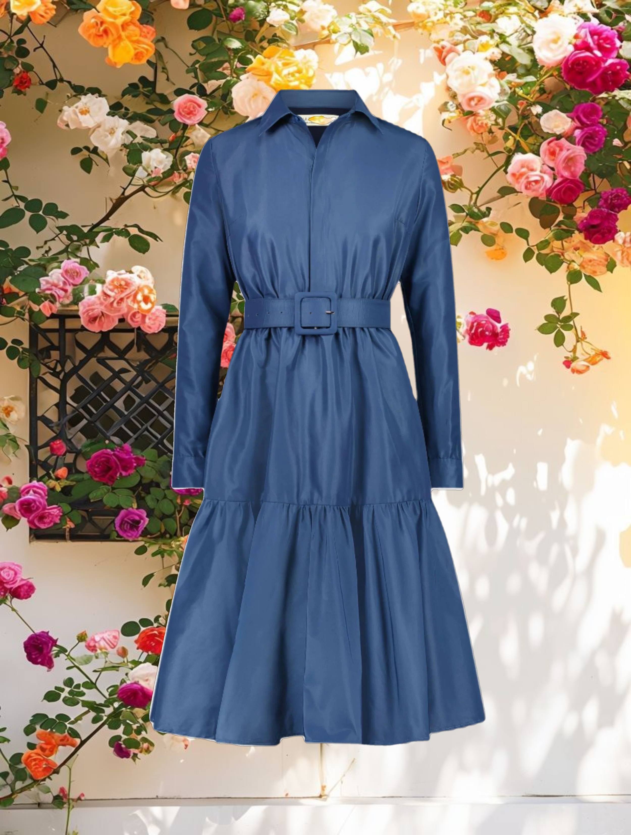Blue Faille Long Sleeve Collared Midi Dress With Belt