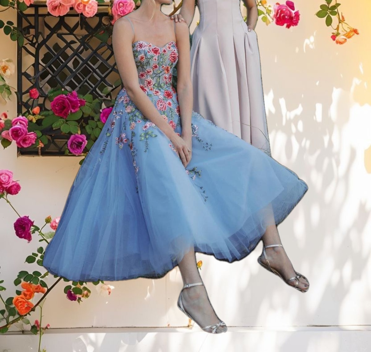 Blue Bustier Embroidered Floral A Line Dress