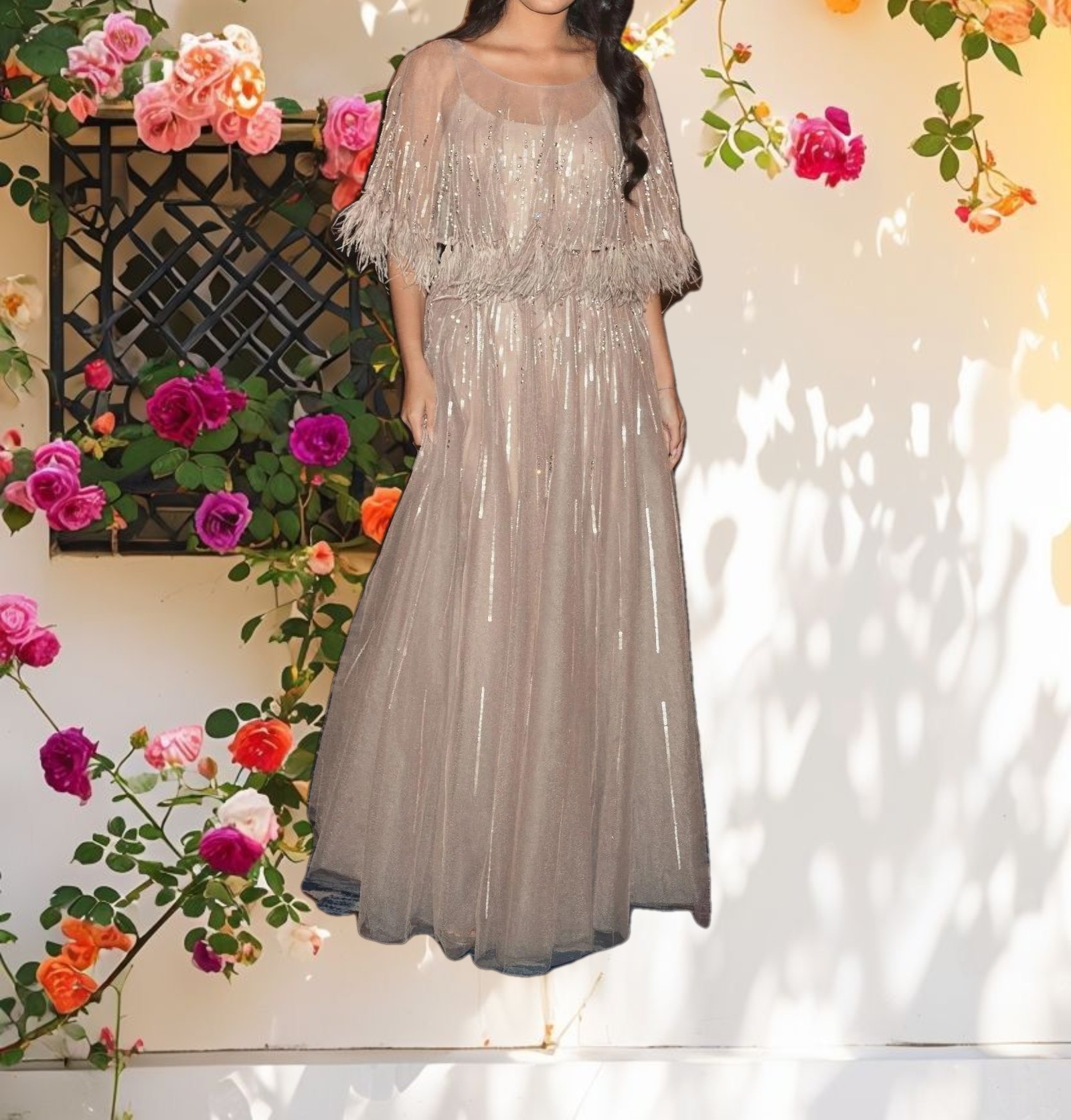 Beige Embellished A Line Dress with Feather Detail Cape