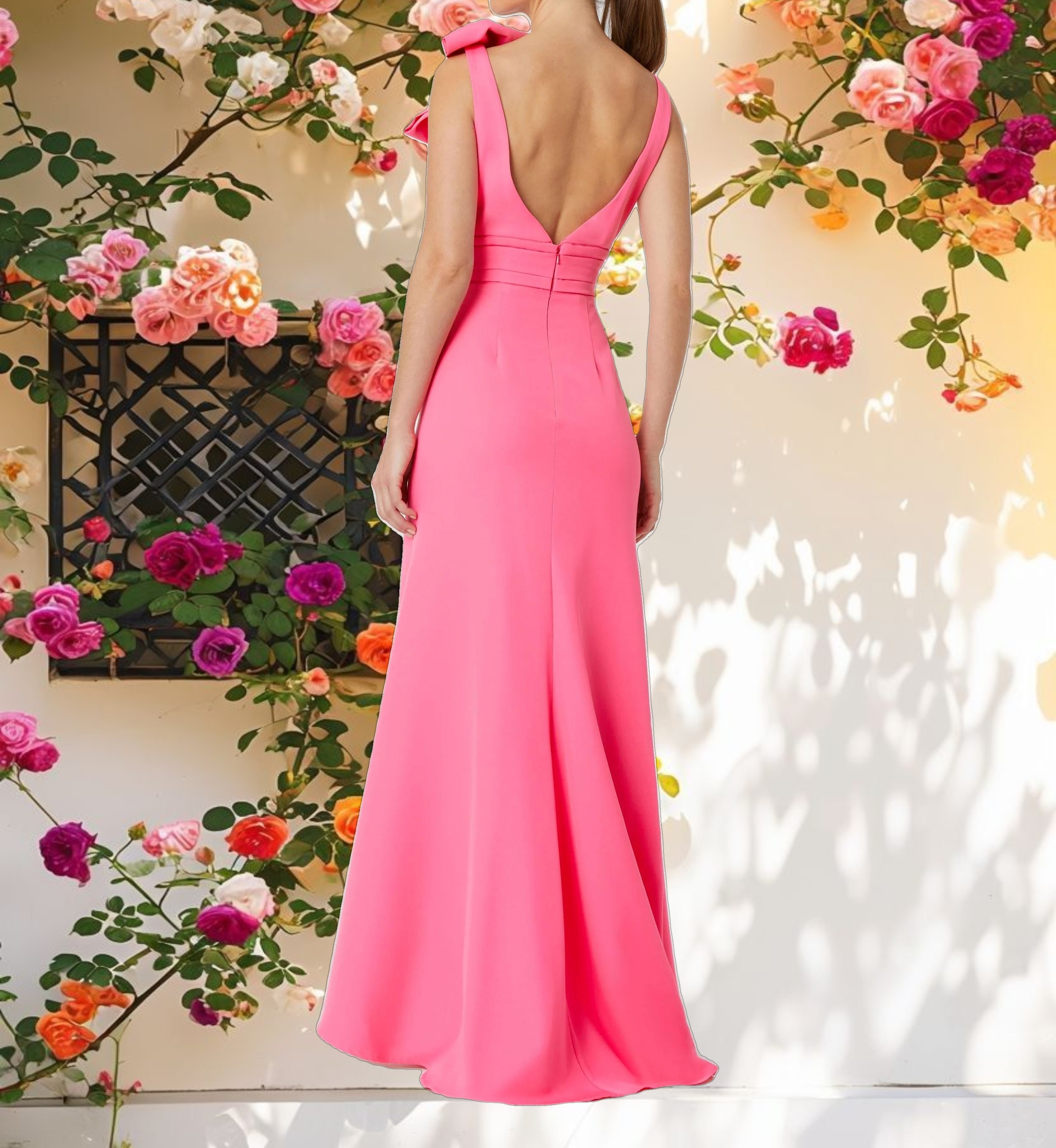 Pink Sleeveless V Neck Bow Detail Mermaid Gown