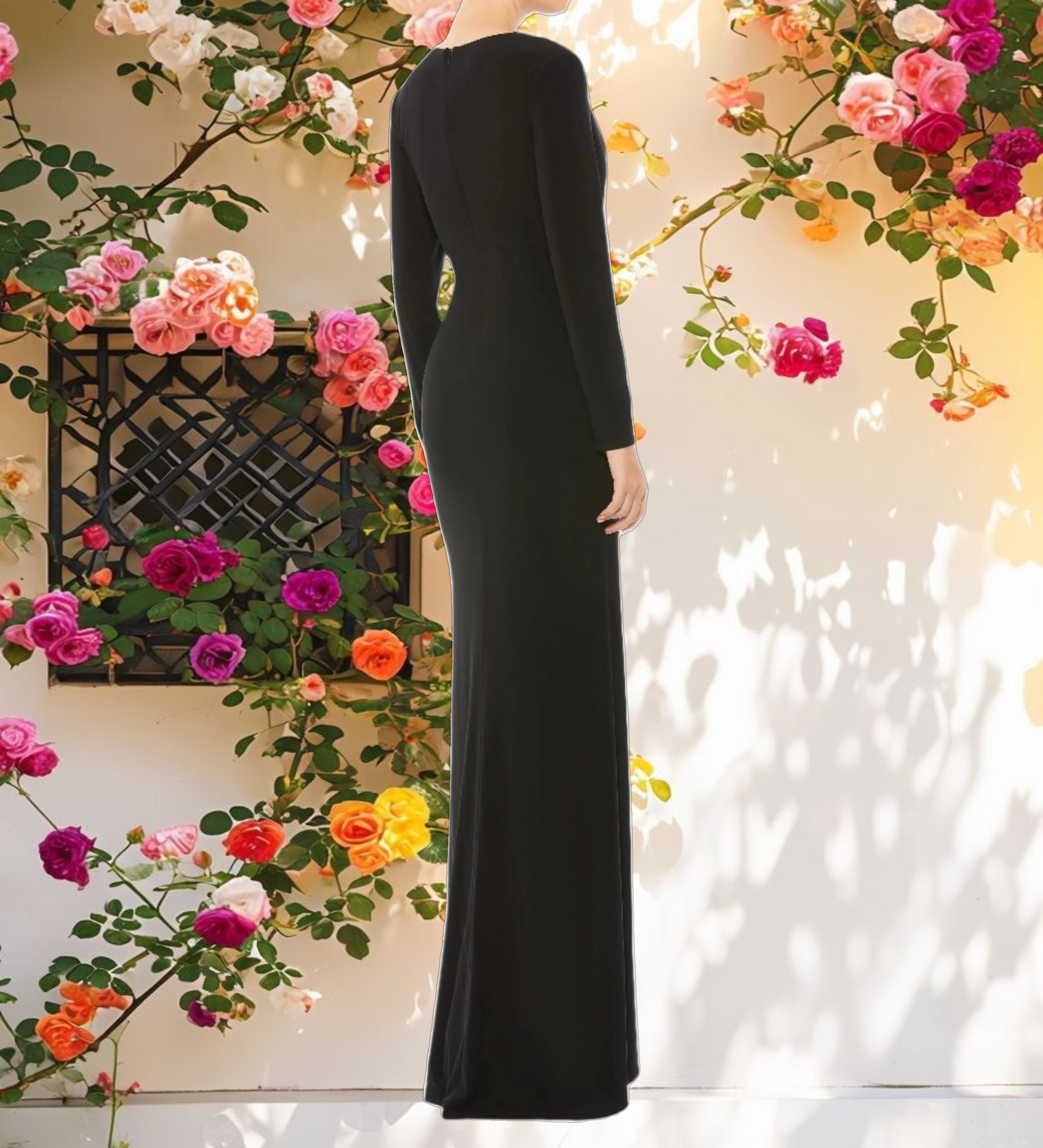 Black Long Sleeve Asymmetrical Ruched Gown