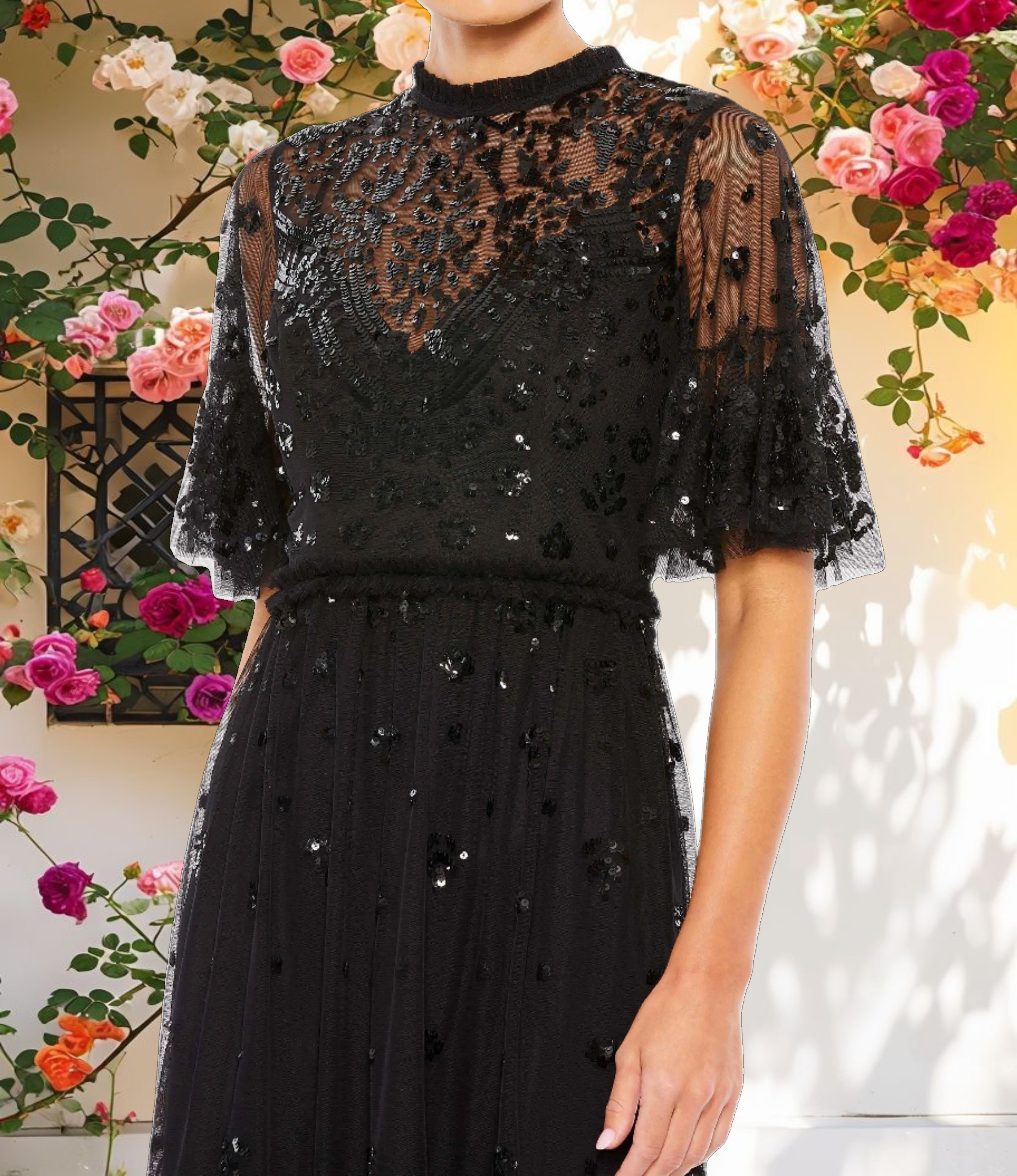 Embellished Illusion High Neck Mini Dress