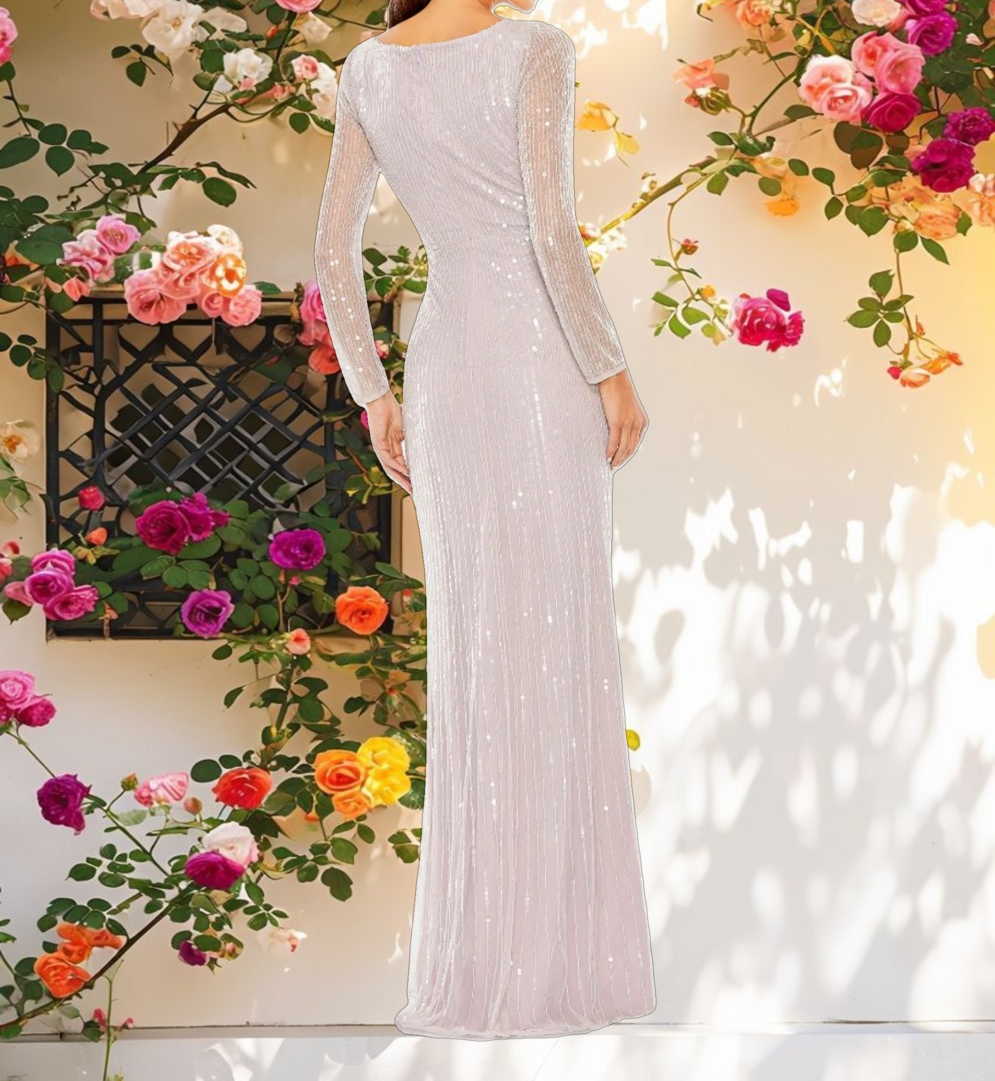 Purple Sequined Faux Wrap Long Sleeve Gown