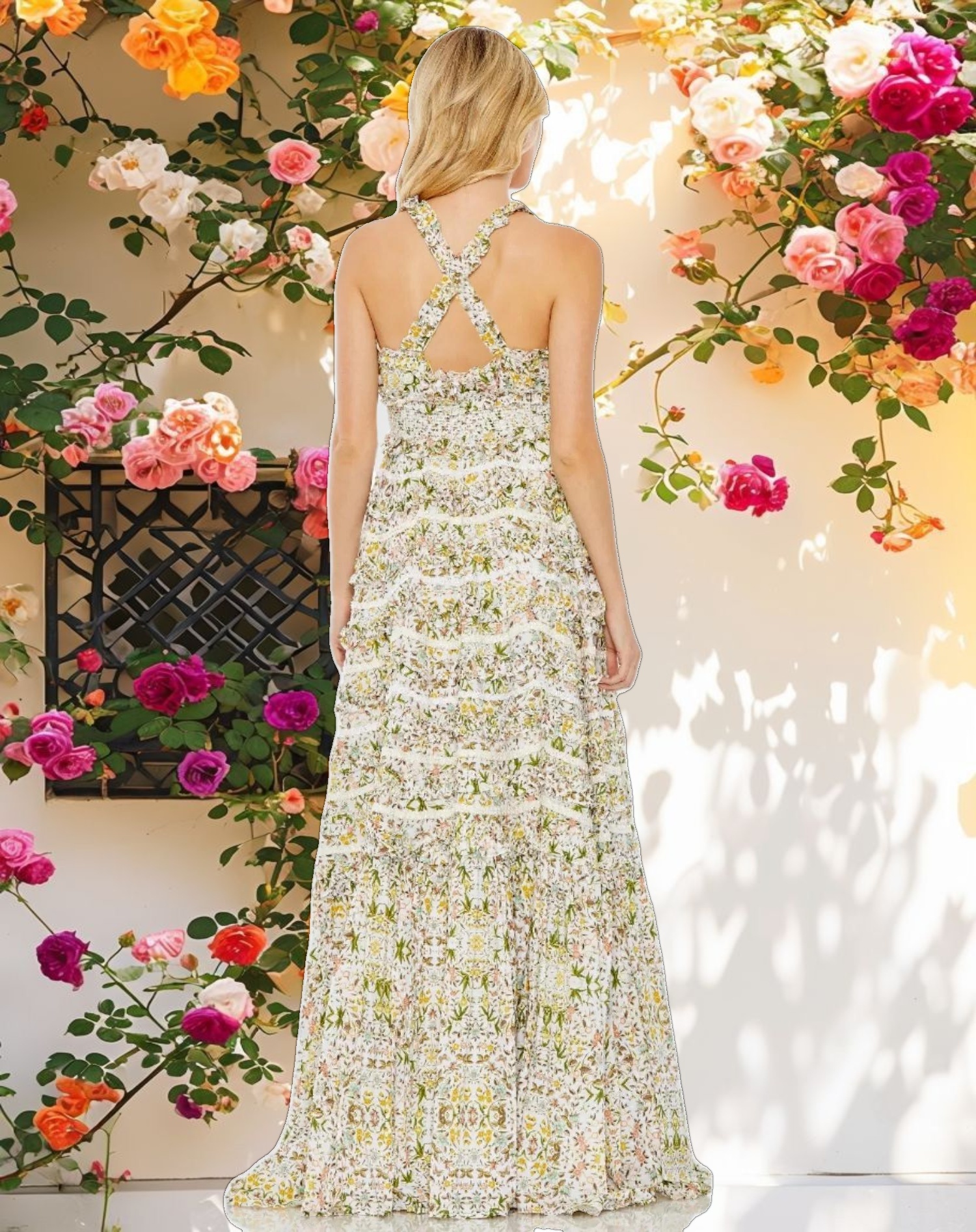 Floral Cross Back Ruffle Smock Gown