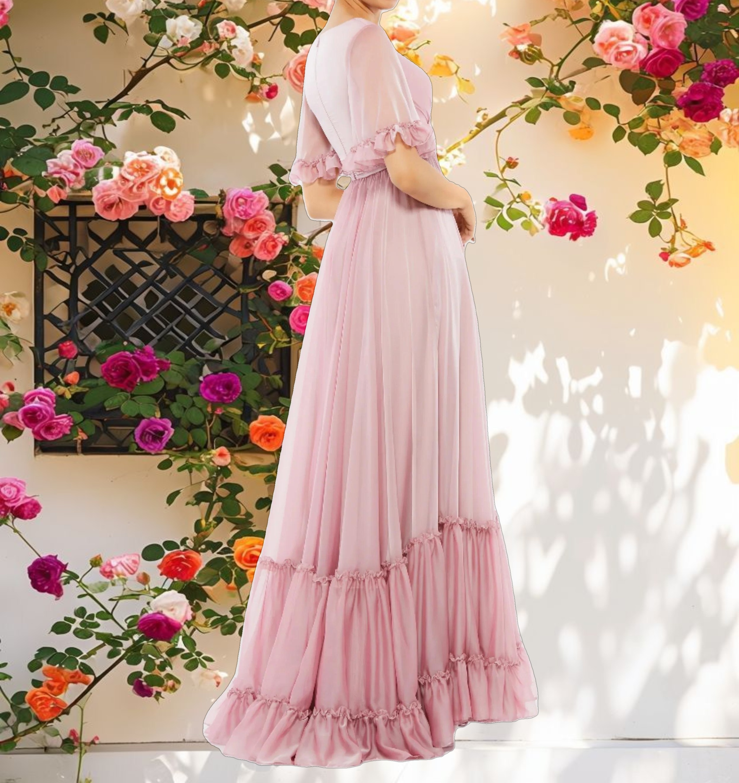 Floral Ruffle Trimmed Sleeve Wrap Over Gown