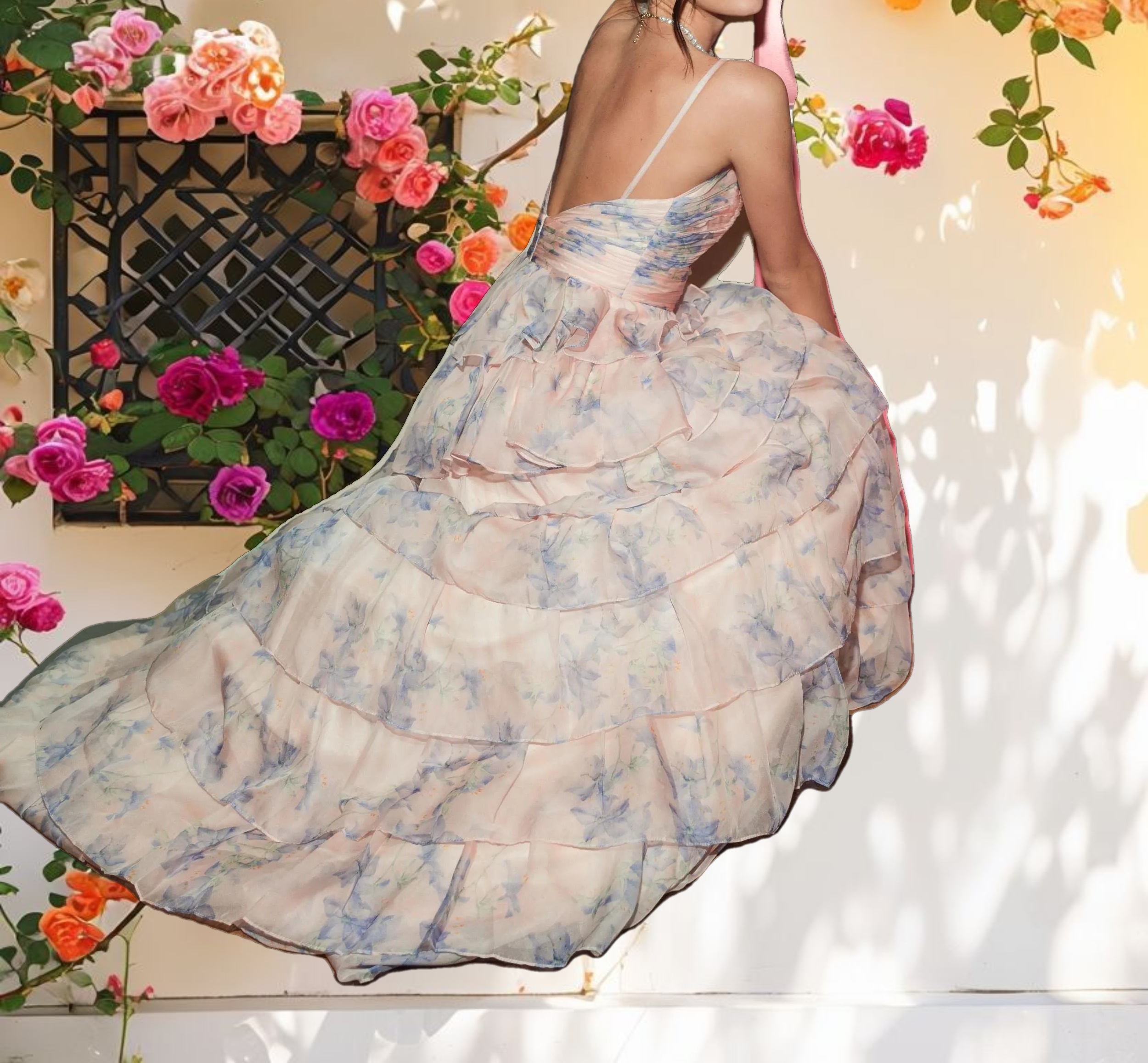 Pink Floral Cut Out Ruffle Layered Dress