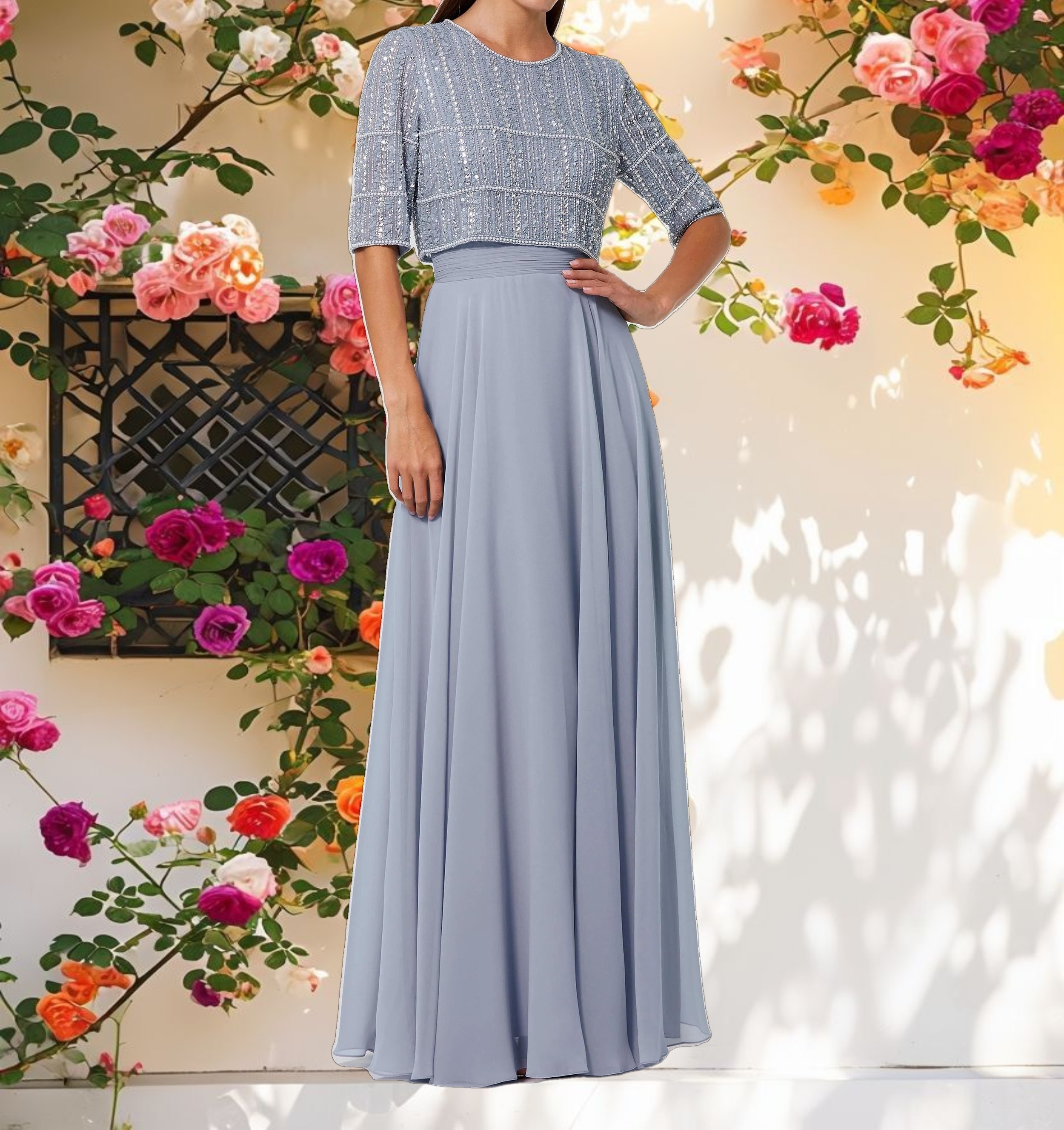 Gown with Beaded 3/4 Sleeve Top