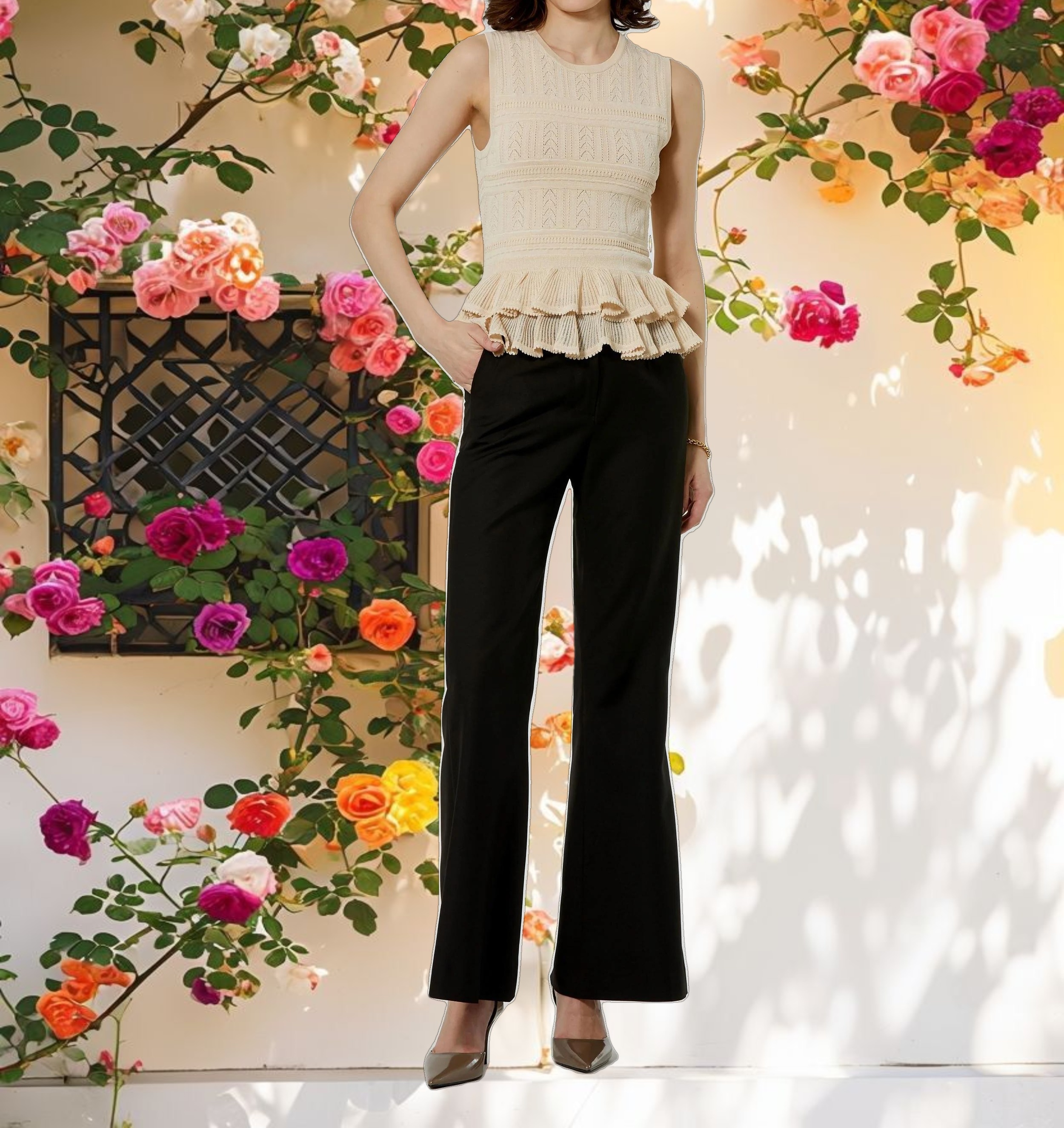 Sleeveless High Neck Knit Top With Ruffle Hem