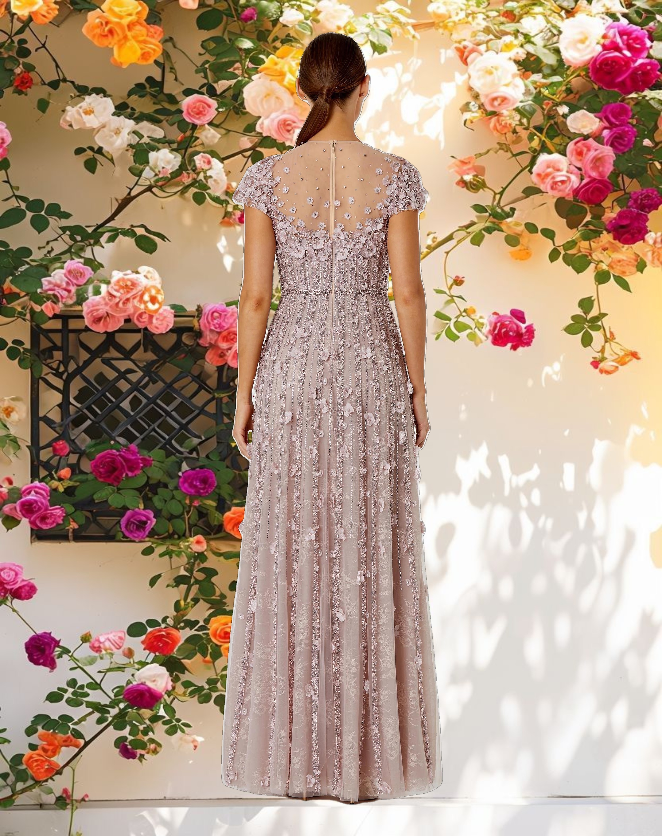 Pink Embellished Lace Cap Sleeve Illusion Neck Gown