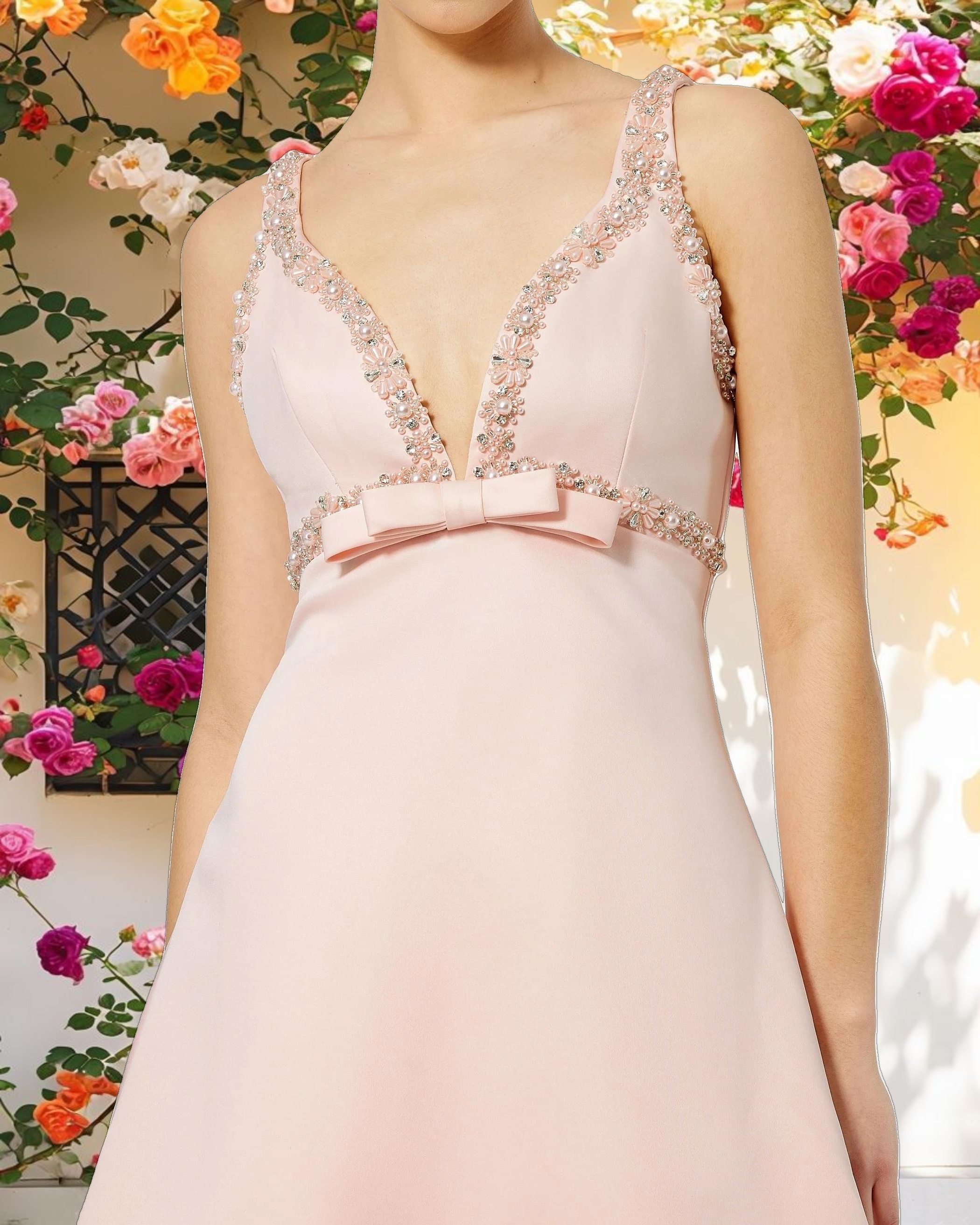 Pink Hand Beaded Detail A Line Mini Dress