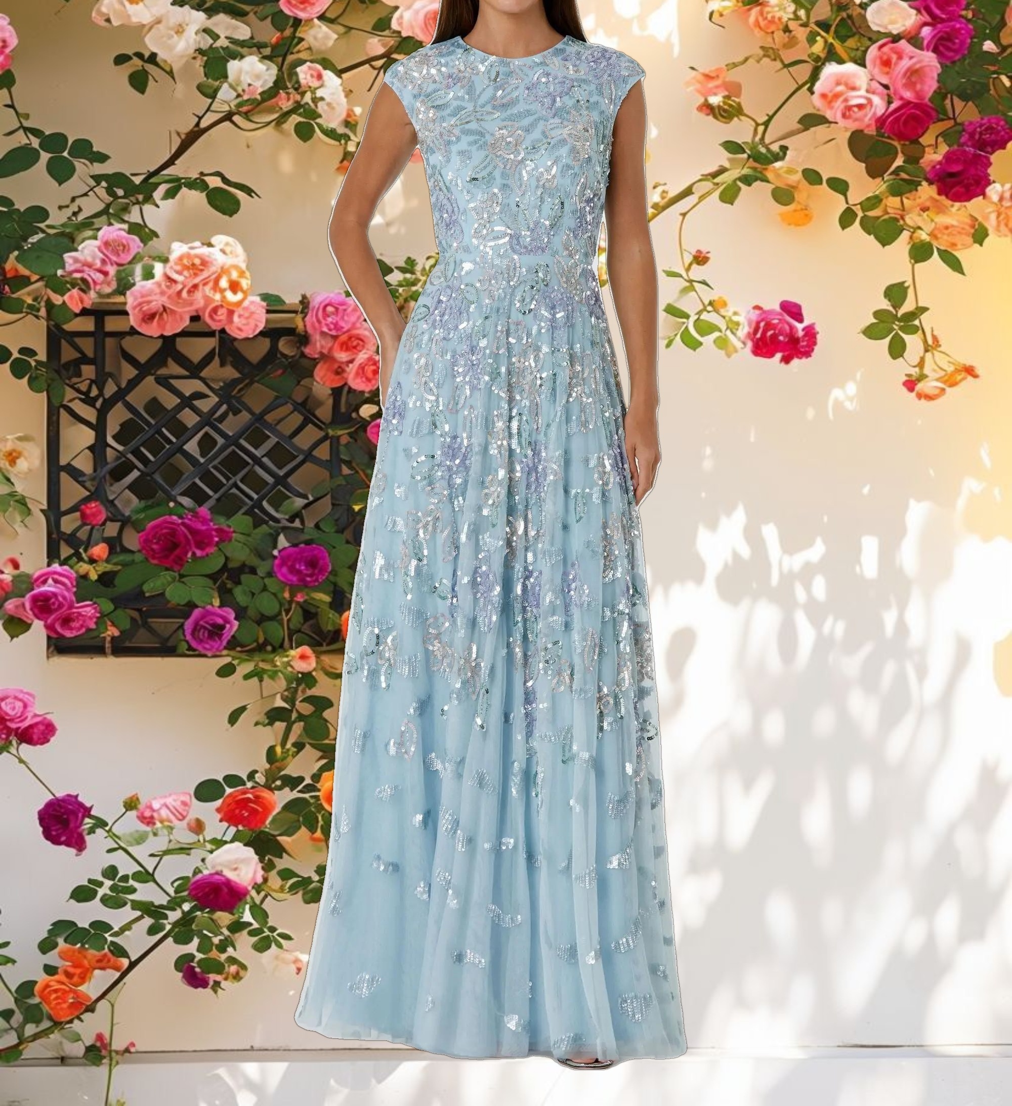 Blue Sequined High Neck Cap Sleeve A Line Gown