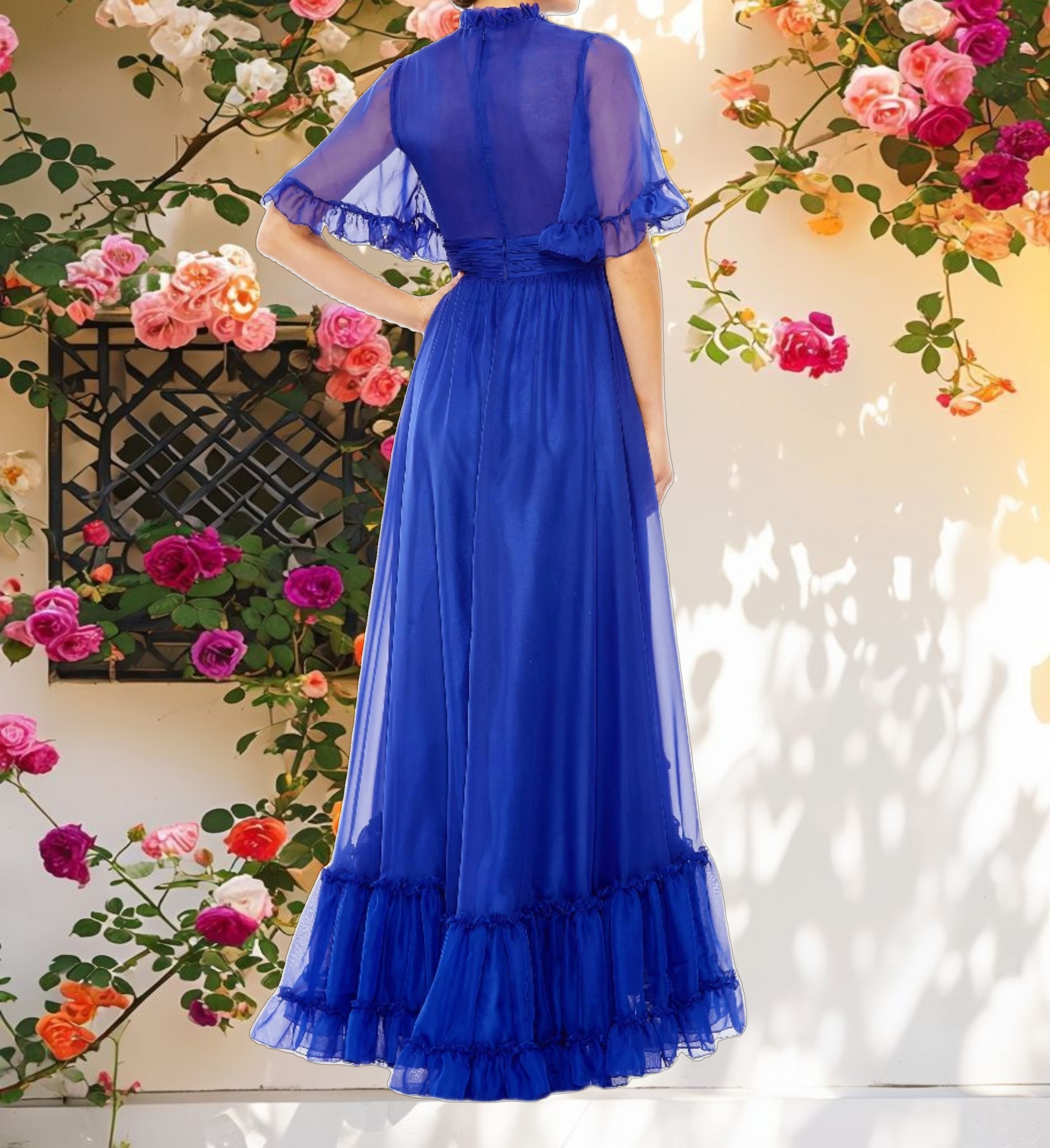 Ruffled Mock Neck Flutter Sleeve Gown
