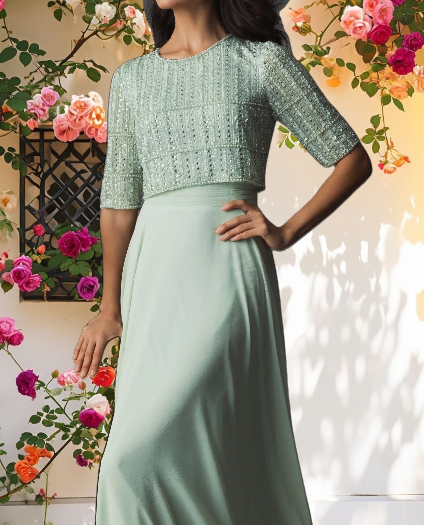 Green Chiffon Gown w/ Fully Beaded 3/4 Sleeve Top