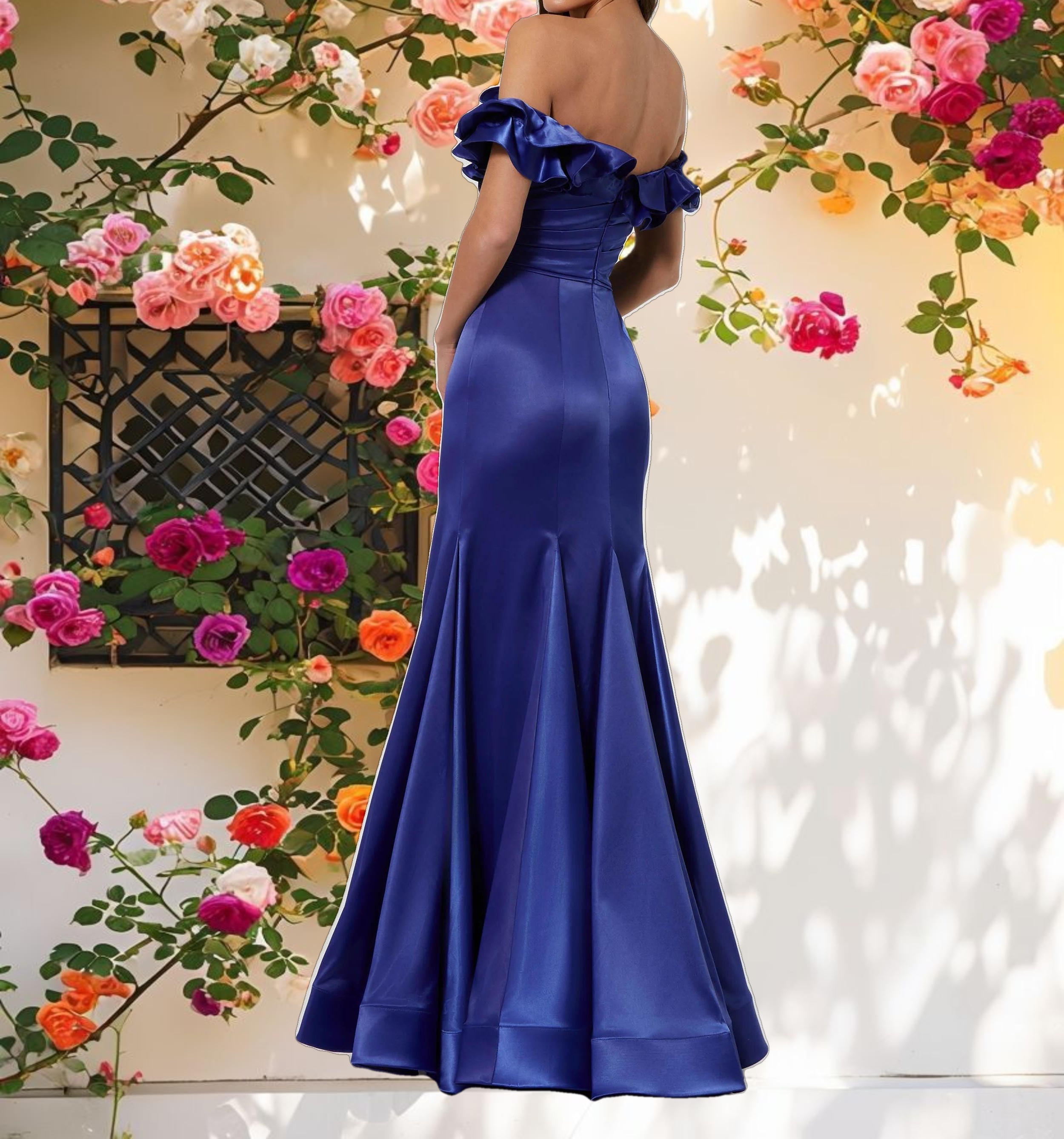 Satin Ruffle Off the Shoulder Gown
